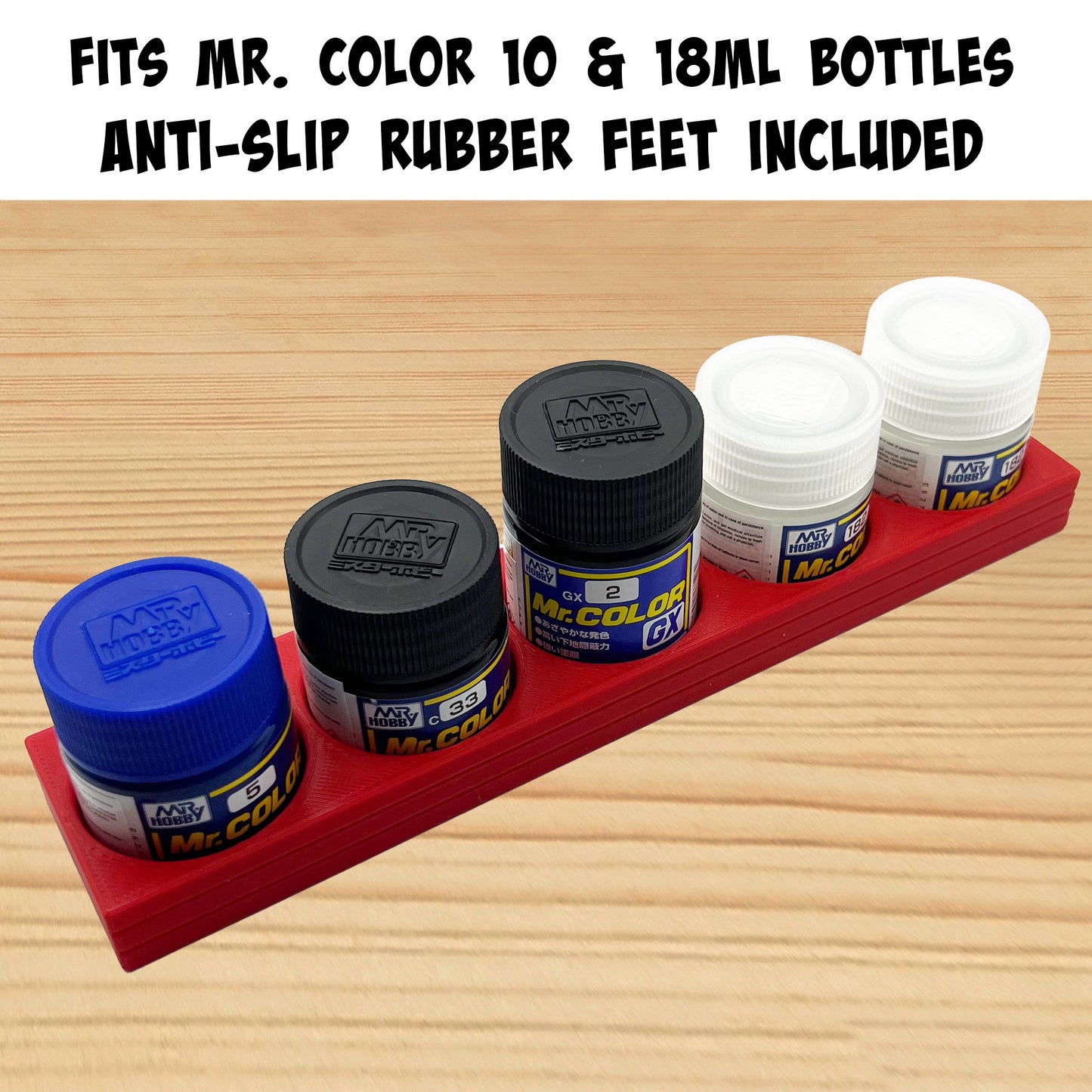 Mr Hobby 10ml & 18ml Paint Bottle Holder Long - Holds 5 Mr Color 10ml or 18ml Bottles with Anti-Slip Rubber Feet - 3D Printed