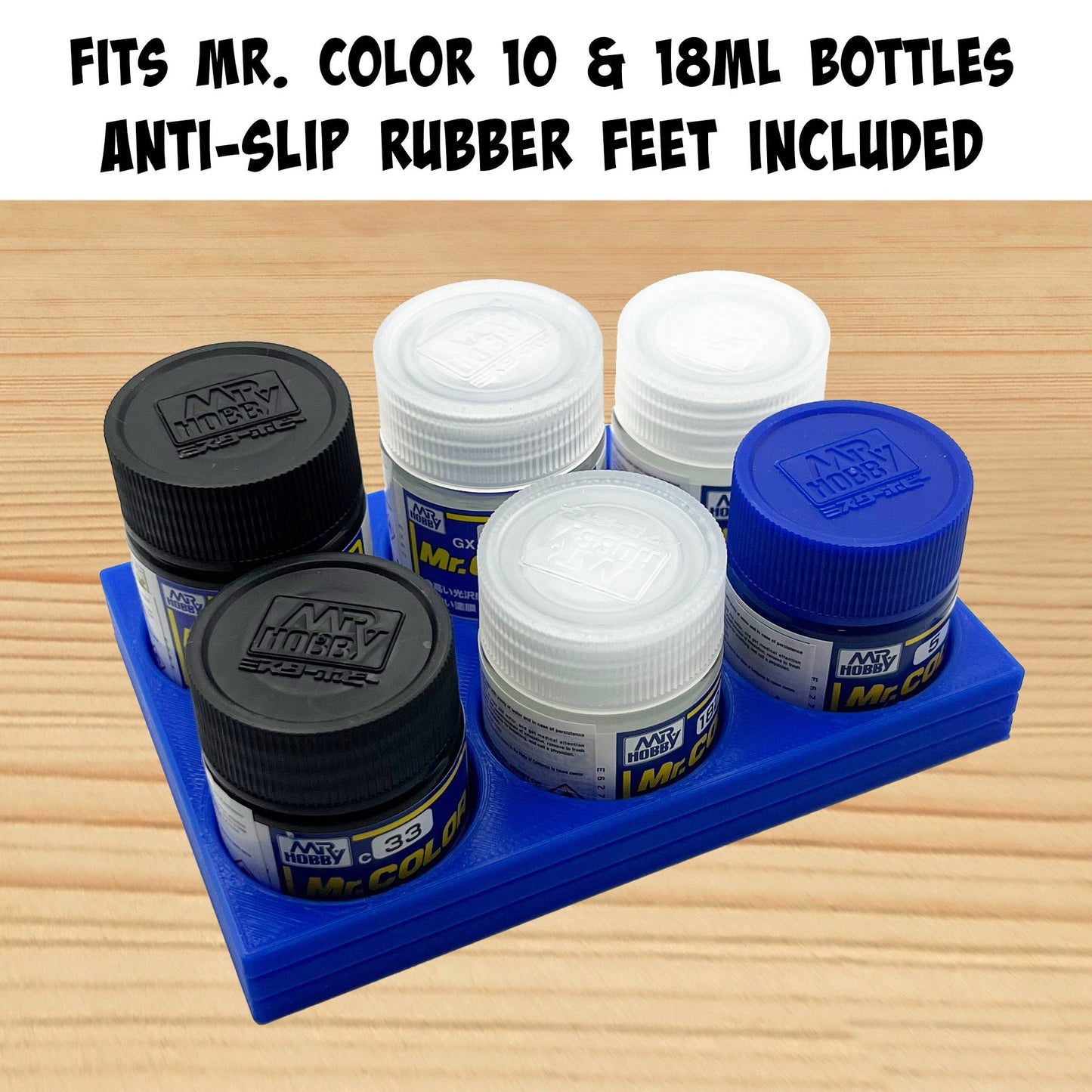 Mr Hobby 10ml & 18ml Paint Bottle Holder Long - Holds 6 Mr Color 10ml or 18ml Bottles with Anti-Slip Rubber Feet - 3D Printed