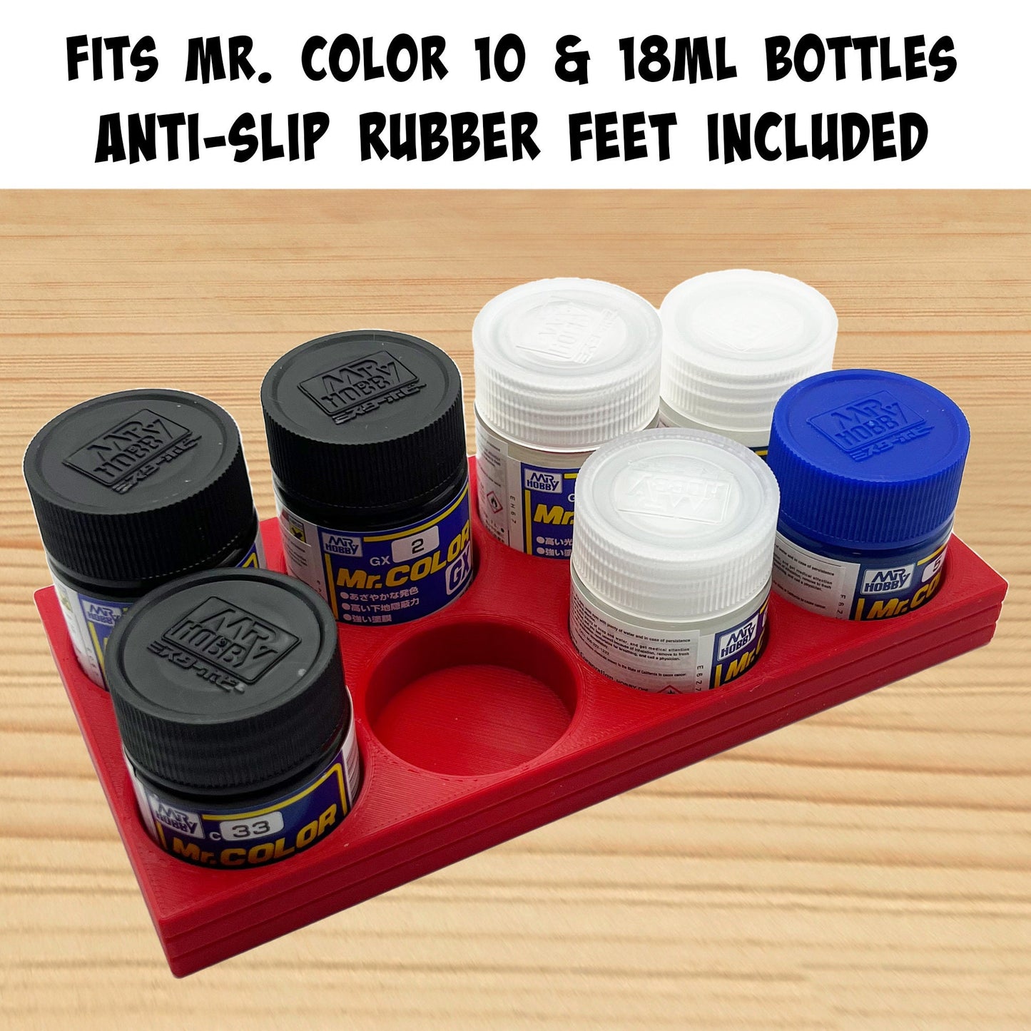 Mr Hobby 10ml and 18ml Paint Bottle Holder Long - Holds 8 Mr Color 10ml or 18ml Bottles with Anti-Slip Rubber Feet - 3D Printed
