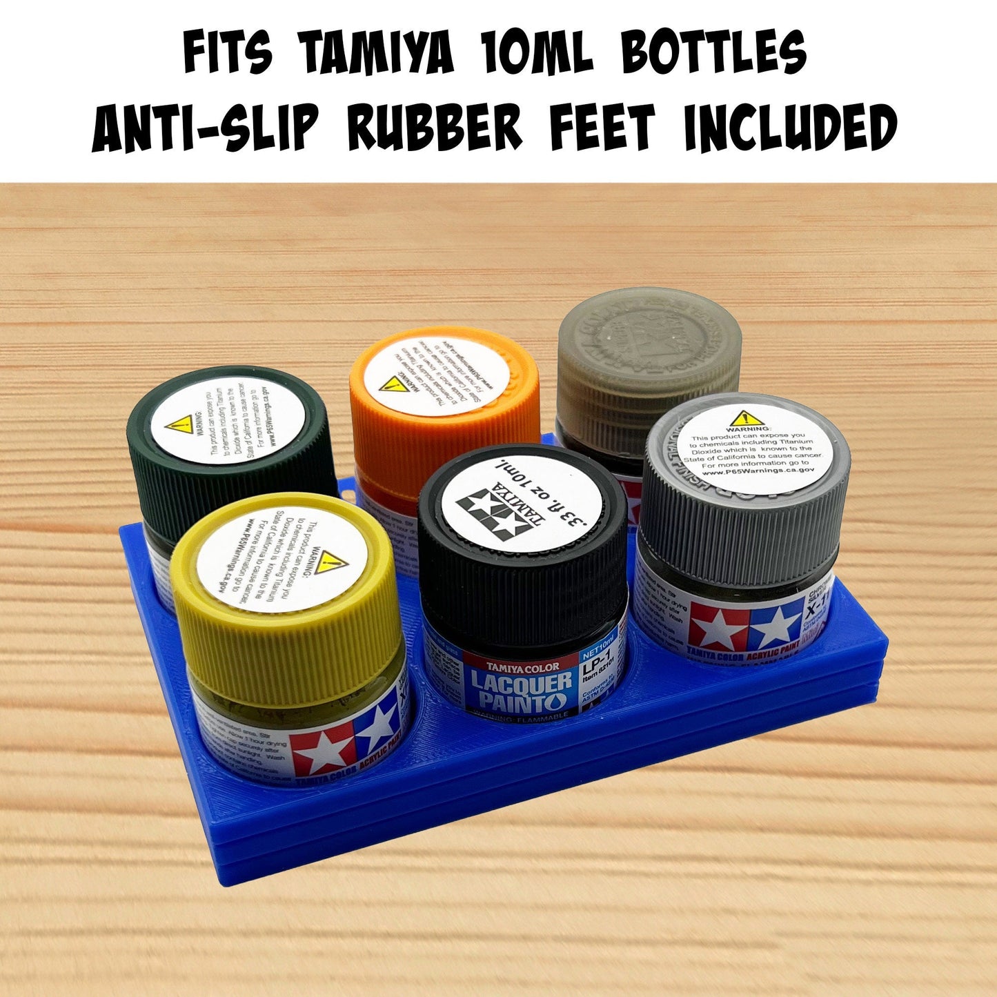 Tamiya 10ml Paint Bottle Holder - Holds 6 Tamiya 10ml Bottles with Anti-Slip Rubber Feet - Long Style - 3d Printed