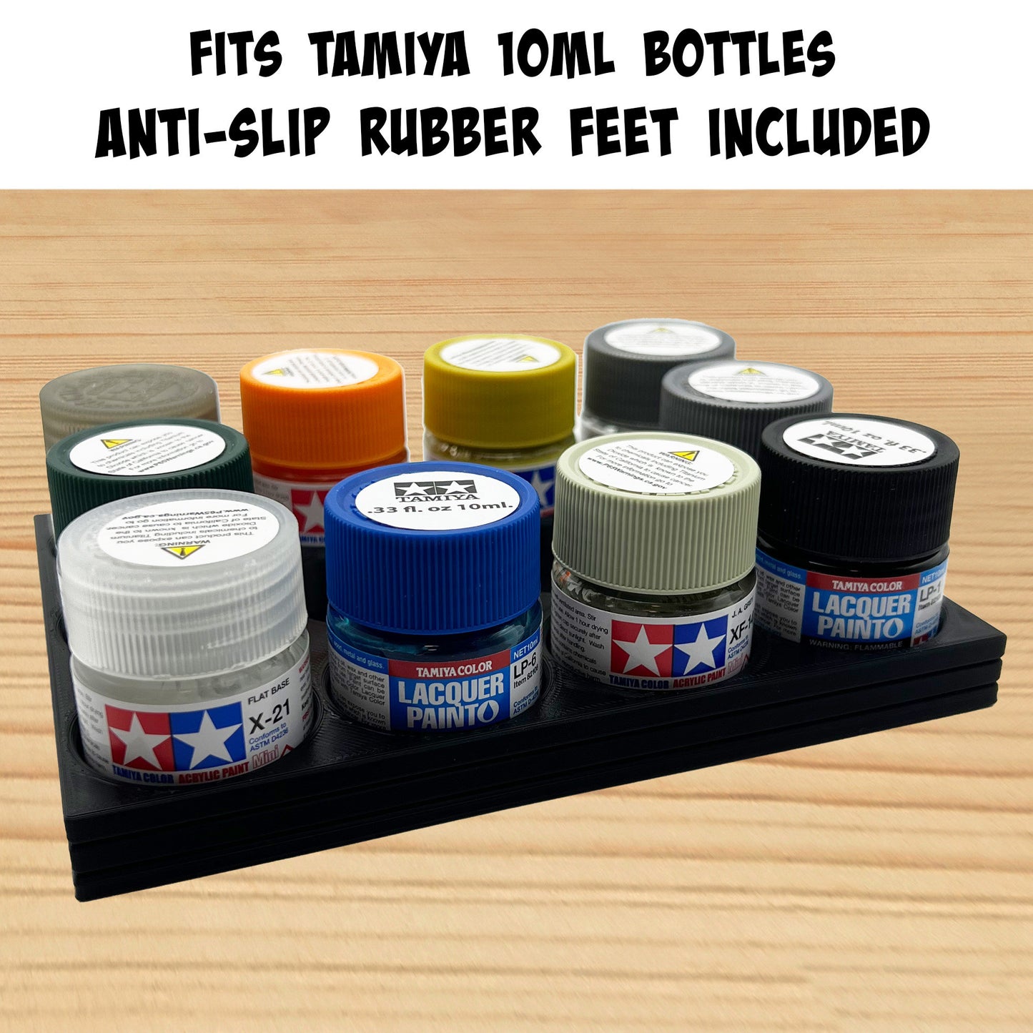 Tamiya 10ml Paint Bottle Holder - Holds 12 Tamiya 10ml Bottles with Anti-Slip Rubber Feet - Long Style - 3d Printed