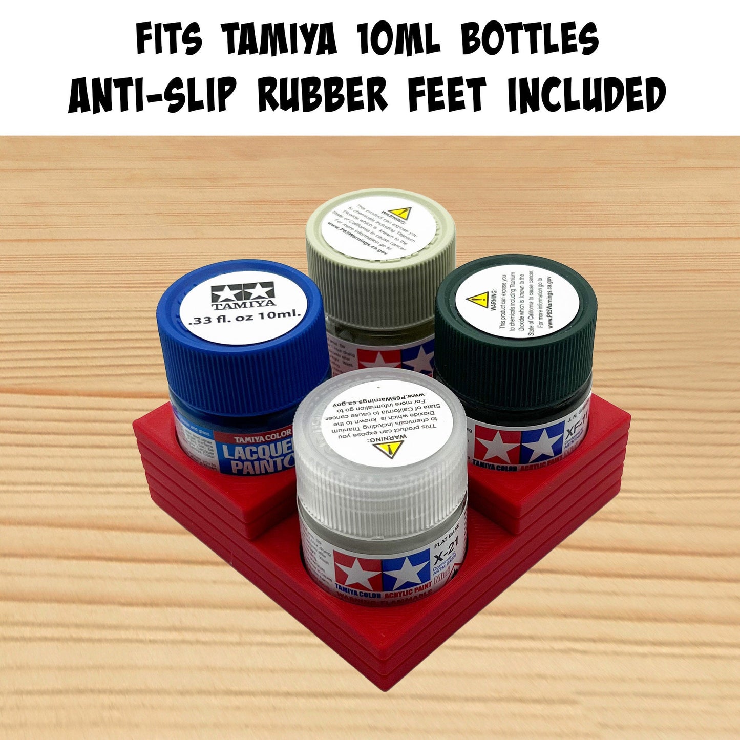 Tamiya 10ml Paint Bottle Holder Corner - Holds 4 Tamiya 10ml Bottles with Anti-Slip Rubber Feet - Square Style - 3D Printed