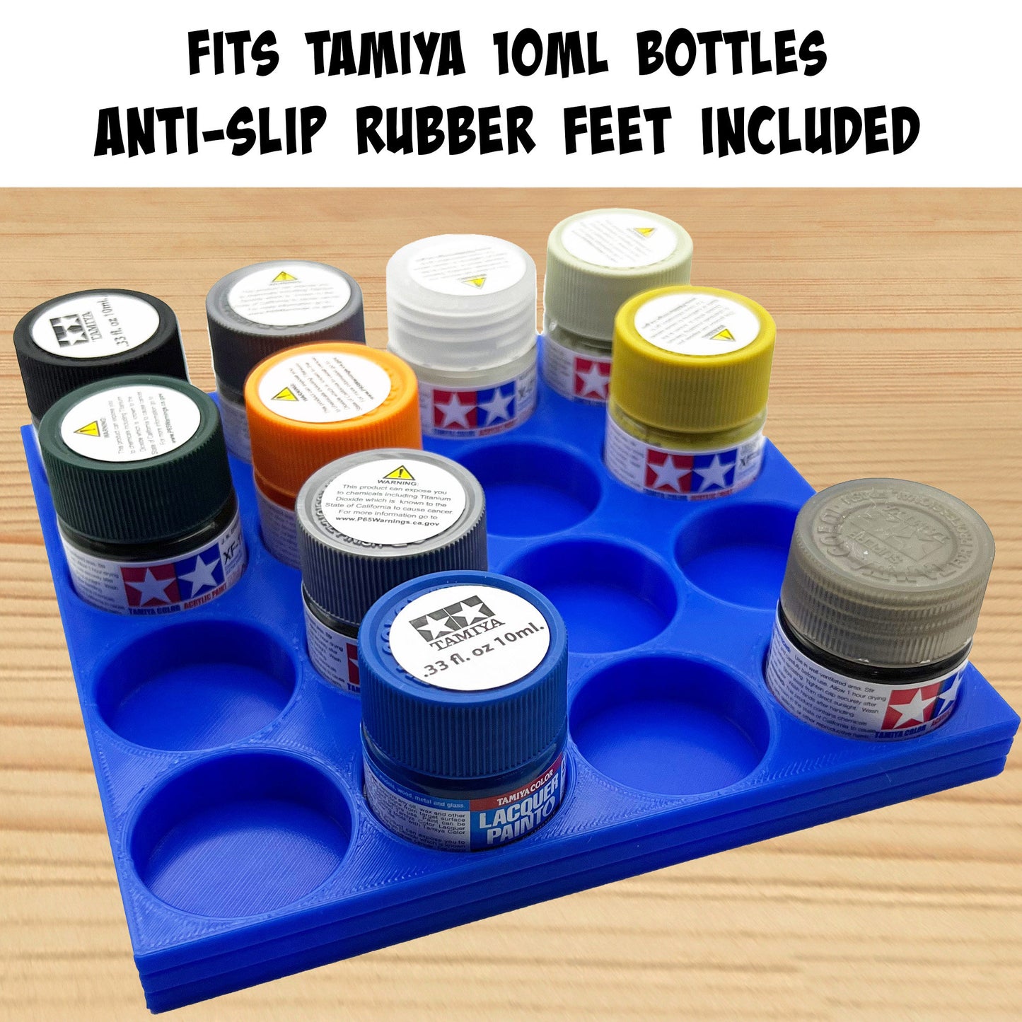 Tamiya 10ml Paint Bottle Holder - Holds 16 Tamiya 10ml Bottles with Anti-Slip Rubber Feet - Long Style - 3d Printed