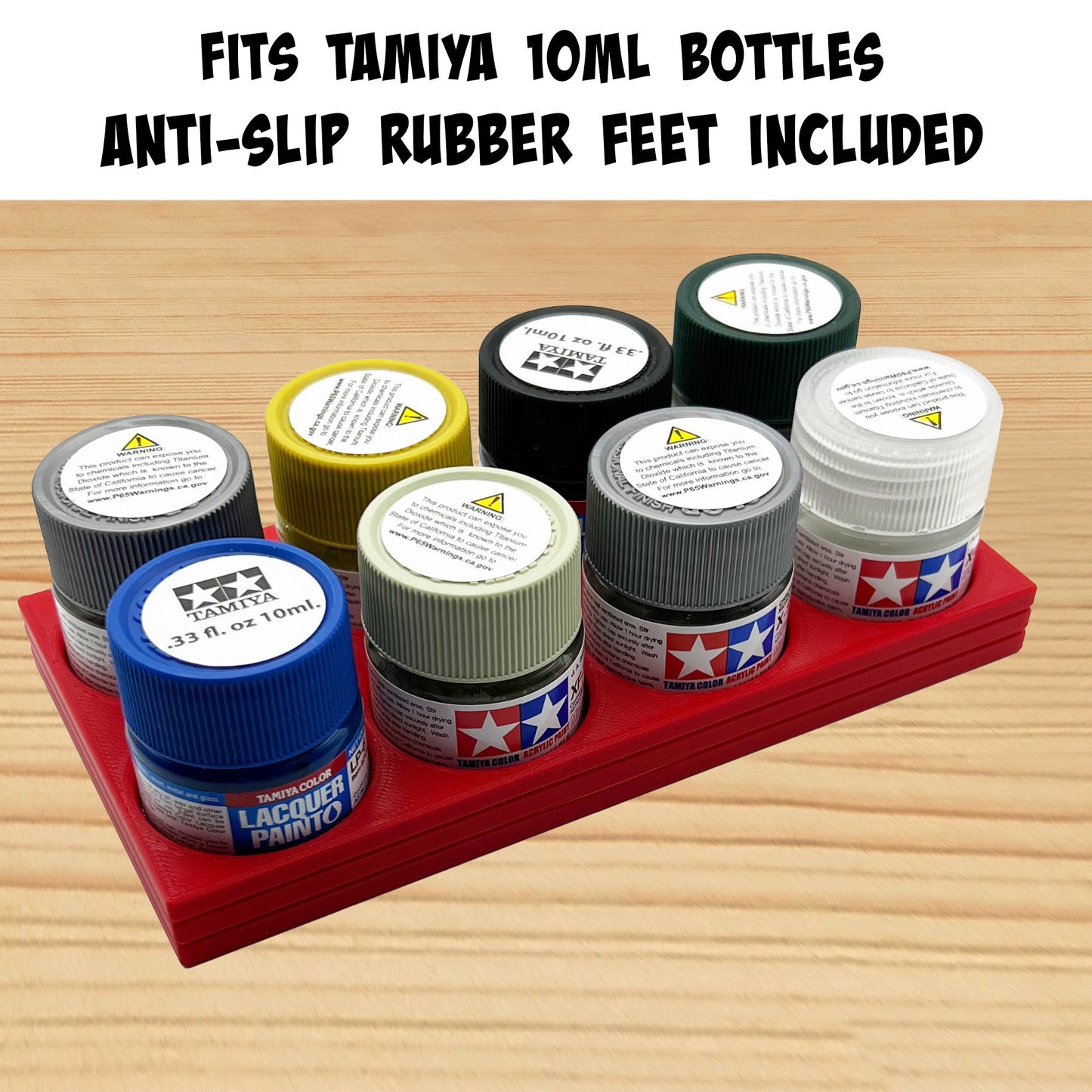 Tamiya 10ml Paint Bottle Holder - Holds 8 Tamiya 10ml Bottles with Anti-Slip Rubber Feet - Long Style - 3d Printed