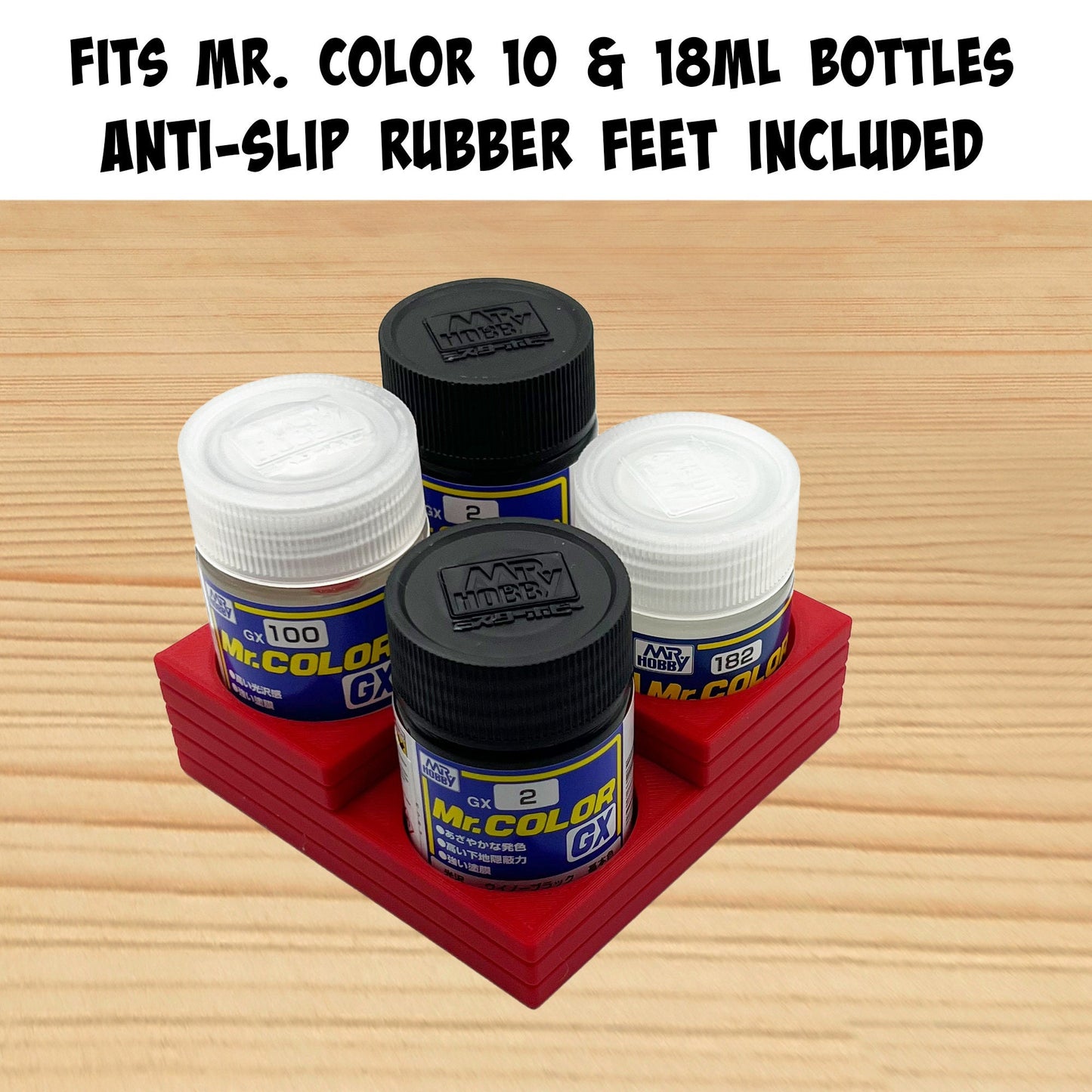 Mr Color 10ml & 18ml Paint Bottle Holder Corner - Holds 4 Tamiya 10ml Bottles with Anti-Slip Rubber Feet - Square Style - 3D Printed