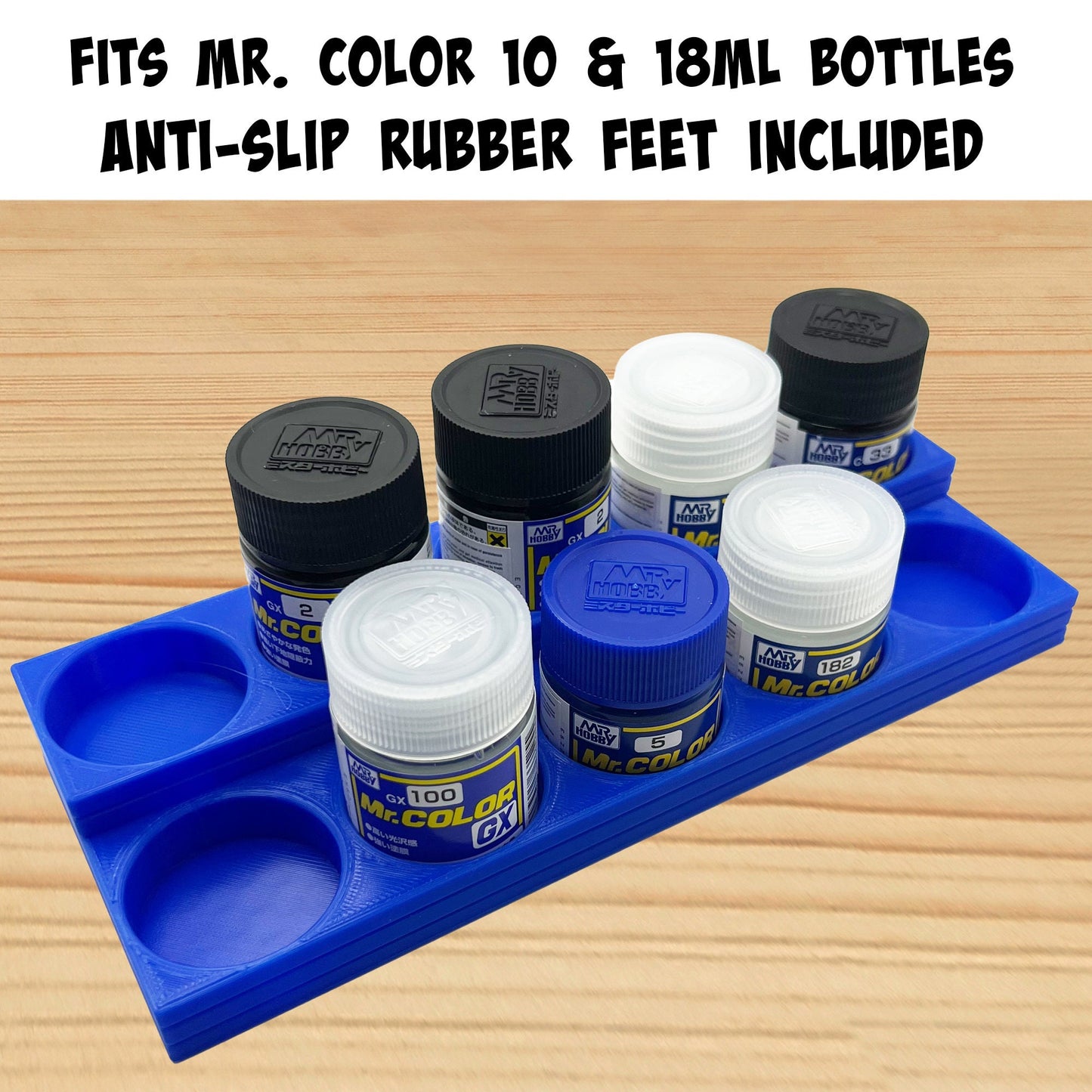 Mr Color 10ml / 18ml Paint Bottle Holder Stepped with Anti-Slip Rubber Feet - Holds 10 Mr Color 10ml / 18ml Paint Bottles - 3D Printed