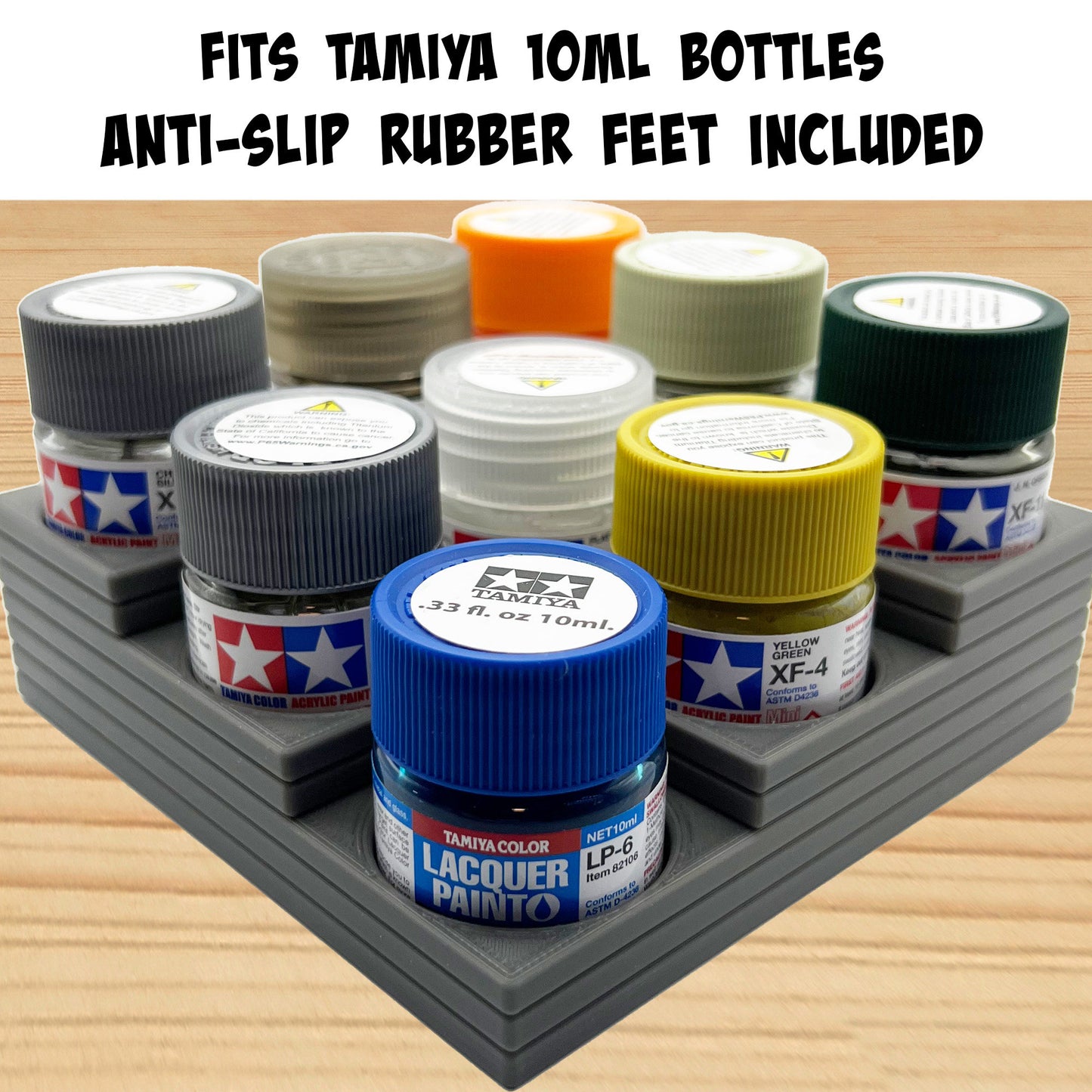 Tamiya 10ml Paint Bottle Holder Corner - Holds 9 Tamiya 10ml Bottles with Anti-Slip Rubber Feet - 3D Printed