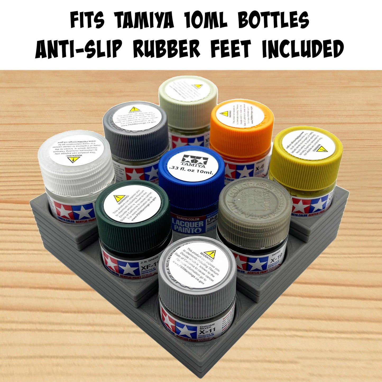 Tamiya 10ml Paint Bottle Holder Corner - Holds 9 Tamiya 10ml Bottles with Anti-Slip Rubber Feet - 3D Printed