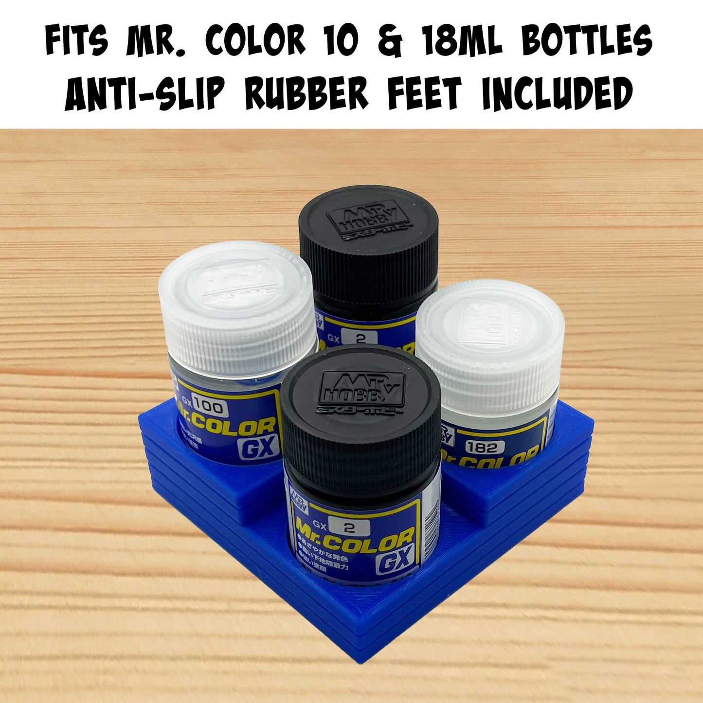 Mr Color 10ml & 18ml Paint Bottle Holder Corner - Holds 4 Tamiya 10ml Bottles with Anti-Slip Rubber Feet - Square Style - 3D Printed
