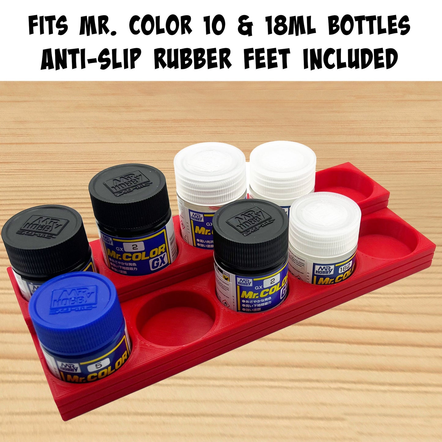 Mr Color 10ml / 18ml Paint Bottle Holder Stepped with Anti-Slip Rubber Feet - Holds 10 Mr Color 10ml / 18ml Paint Bottles - 3D Printed