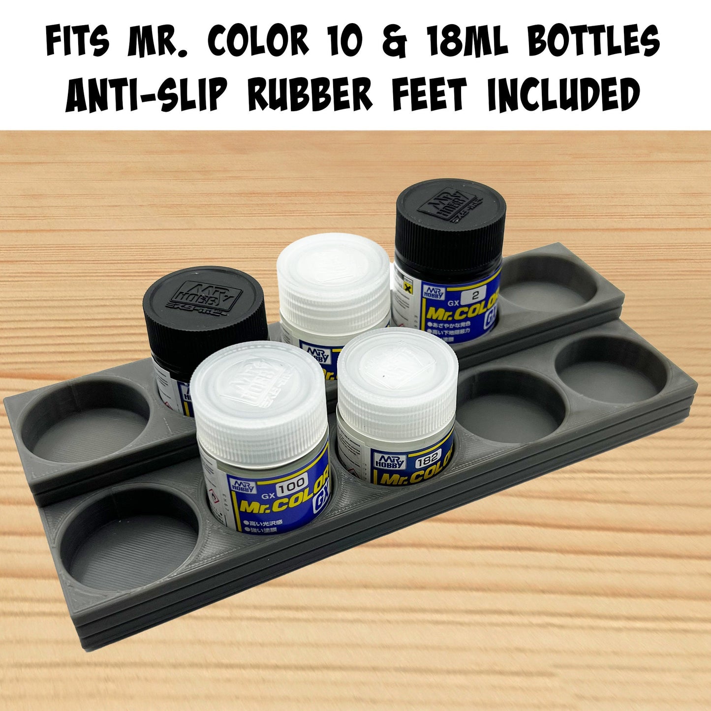 Mr Color 10ml / 18ml Paint Bottle Holder Stepped with Anti-Slip Rubber Feet - Holds 10 Mr Color 10ml / 18ml Paint Bottles - 3D Printed
