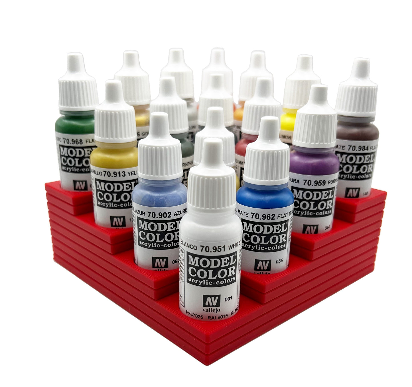 Vallejo 17mm Paint Bottle Holder / Stand Corner Stepped - Holds 16 Vallejo 17mm Bottles with Anti-Slip Rubber Feet - 3D Printed