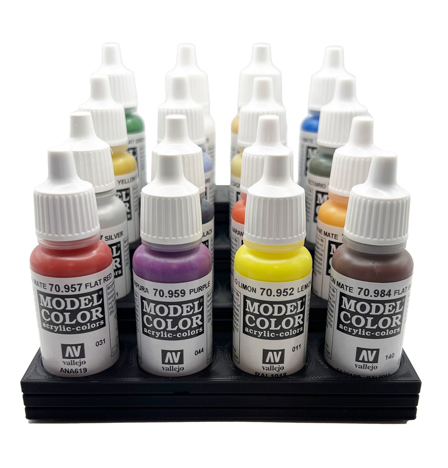 Vallejo 17mm Paint Bottle Holder / Stand Stepped - Holds 16 Vallejo 17mm Bottles with Anti-Slip Rubber Feet - 3D Printed