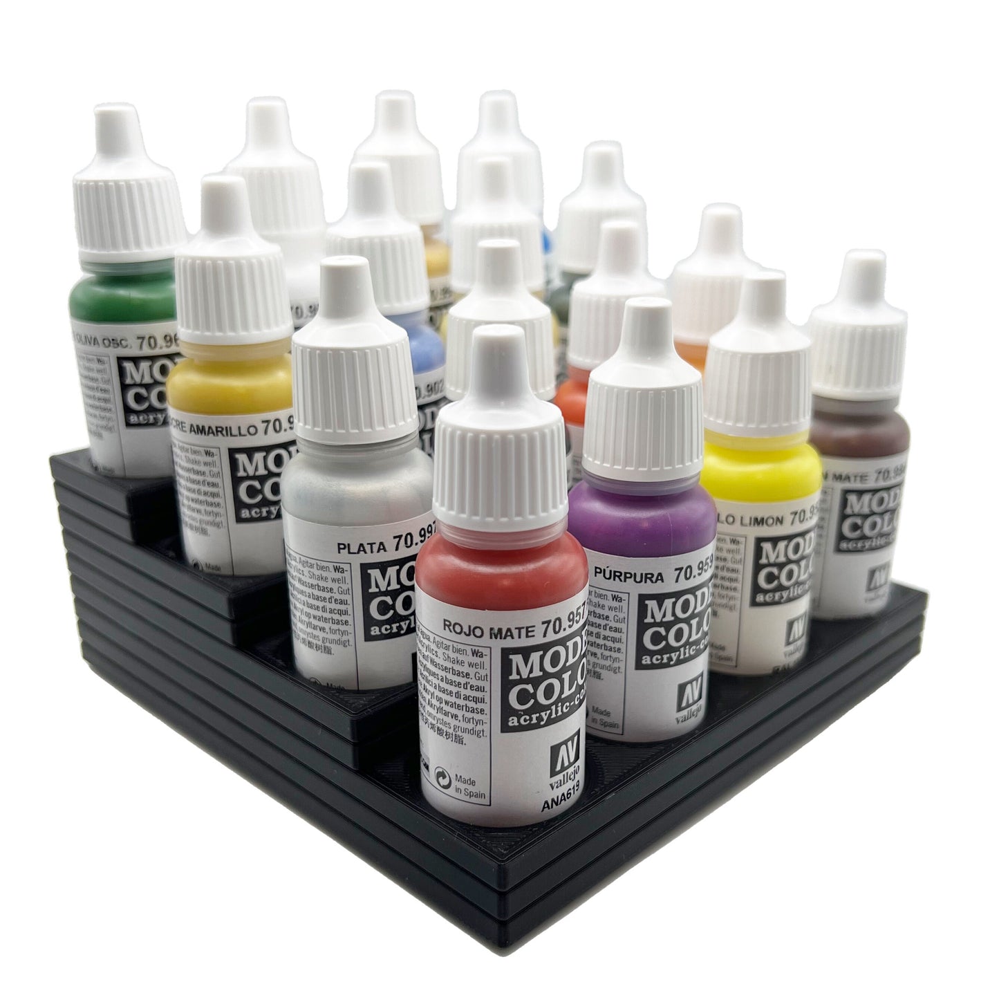 Vallejo 17mm Paint Bottle Holder / Stand Stepped - Holds 16 Vallejo 17mm Bottles with Anti-Slip Rubber Feet - 3D Printed