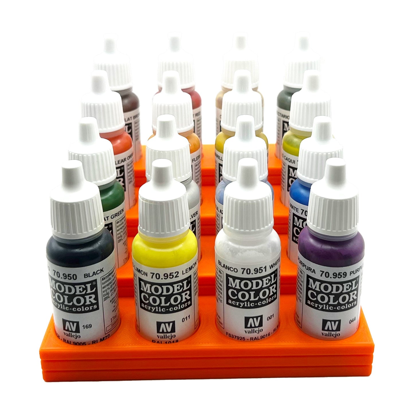 Vallejo 17mm Paint Bottle Holder / Stand Stepped - Holds 16 Vallejo 17mm Bottles with Anti-Slip Rubber Feet - 3D Printed