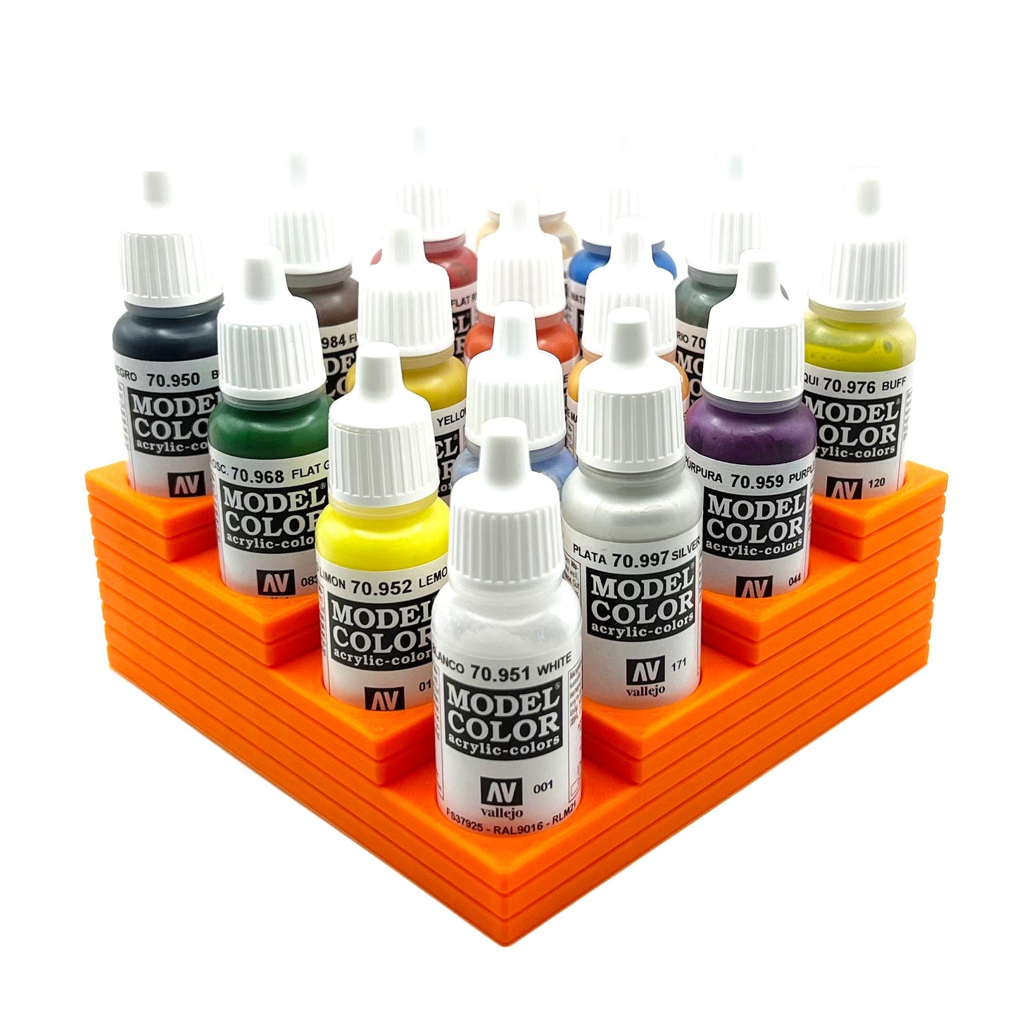 Vallejo 17mm Paint Bottle Holder / Stand Corner Stepped - Holds 16 Vallejo 17mm Bottles with Anti-Slip Rubber Feet - 3D Printed