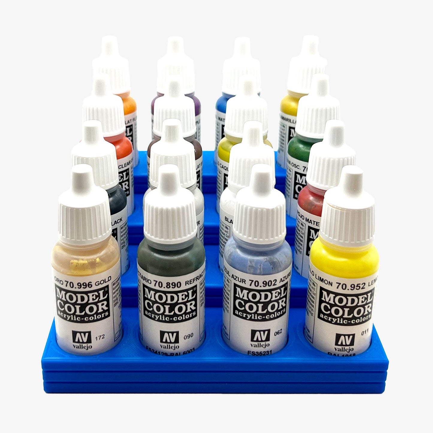 Vallejo 17mm Paint Bottle Holder / Stand Stepped - Holds 16 Vallejo 17mm Bottles with Anti-Slip Rubber Feet - 3D Printed