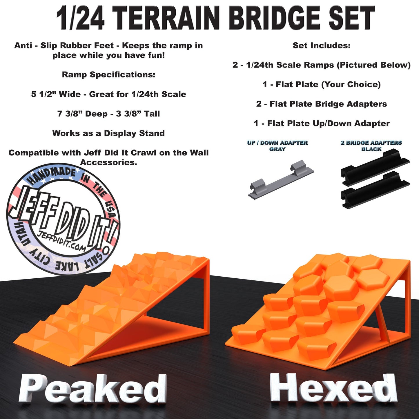 1/24th Ramp Peaked & Hexed Terrain - Bridge Set - Monster Truck - Crawler Scale - Display - Includes Anti Slip Rubber Feet - Expandable