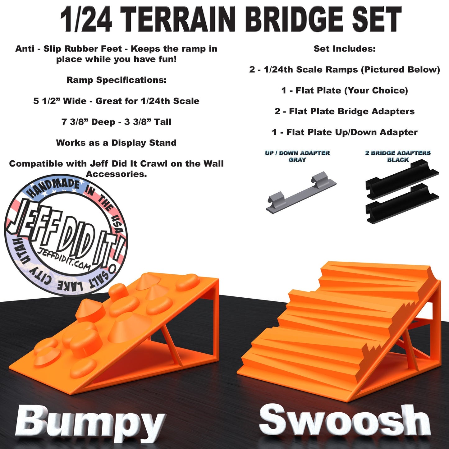 1/24th Ramp Bumpy and Swoosh Terrain - Bridge Set - Monster Truck - Crawler Scale - Display - Includes Anti Slip Rubber Feet - Expandable