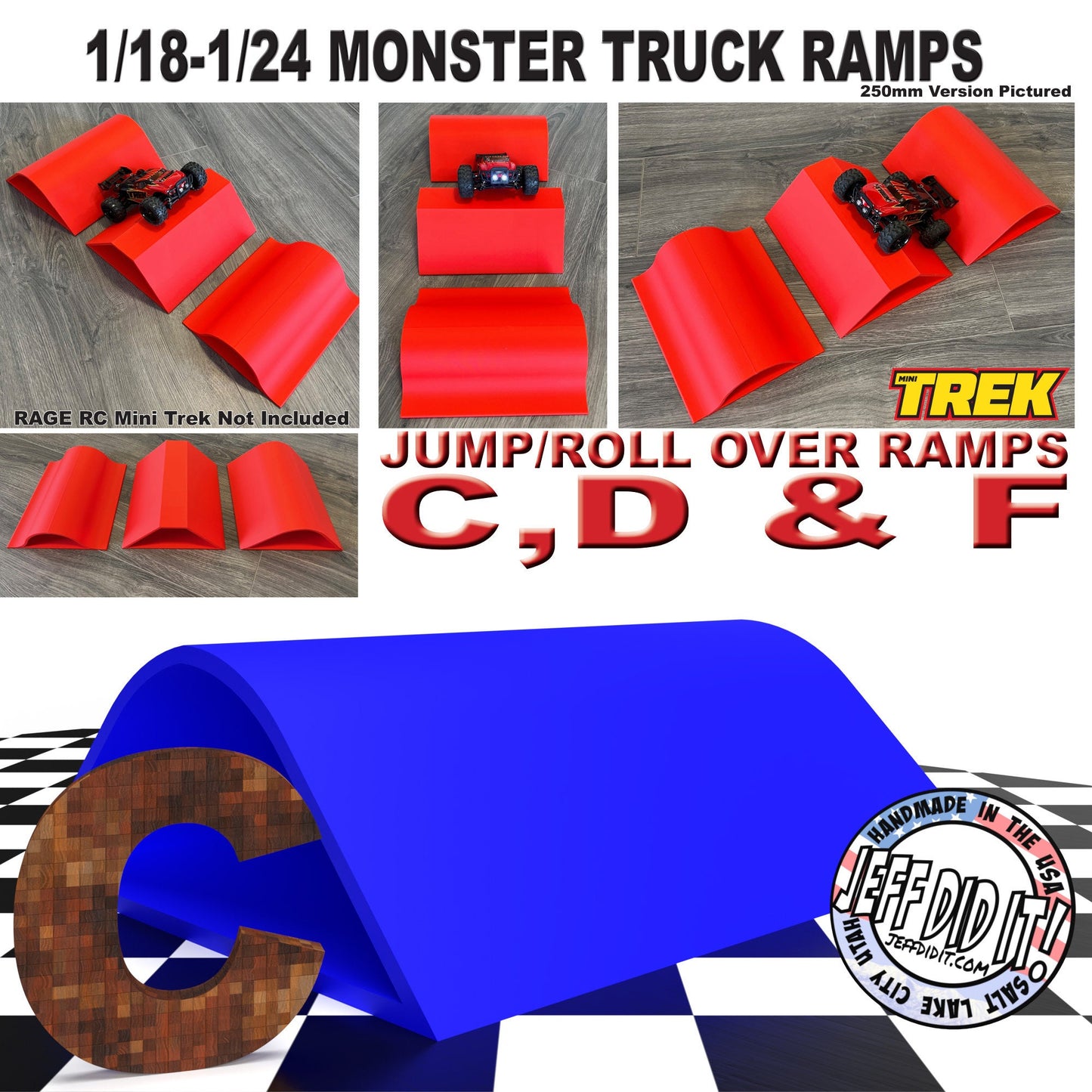 1/24th Monster Truck Jump / Roll Over Ramp Ramp C - WIDE 250mm - Works as Display Stand - Includes Anti Slip Rubber Feet - Lot of Fun!