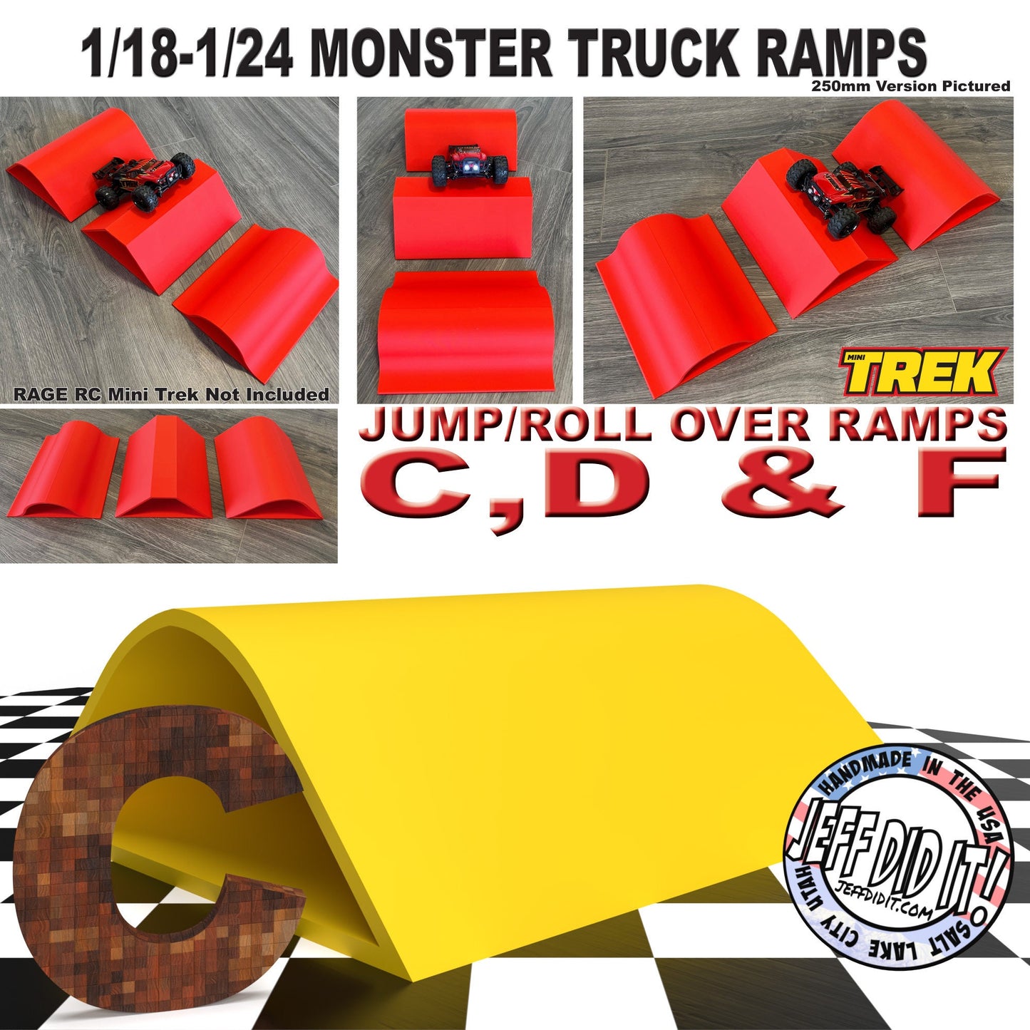 1/24th Monster Truck Jump / Roll Over Ramp Ramp C - WIDE 250mm - Works as Display Stand - Includes Anti Slip Rubber Feet - Lot of Fun!