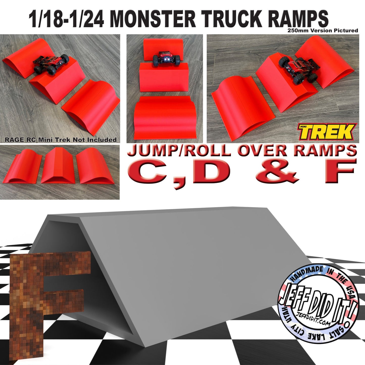 1/24th Monster Truck Ramp Jump / Roll Over F - WIDE 250mm - Works as Display Stand - Includes Anti Slip Rubber Feet - Fun for Hours