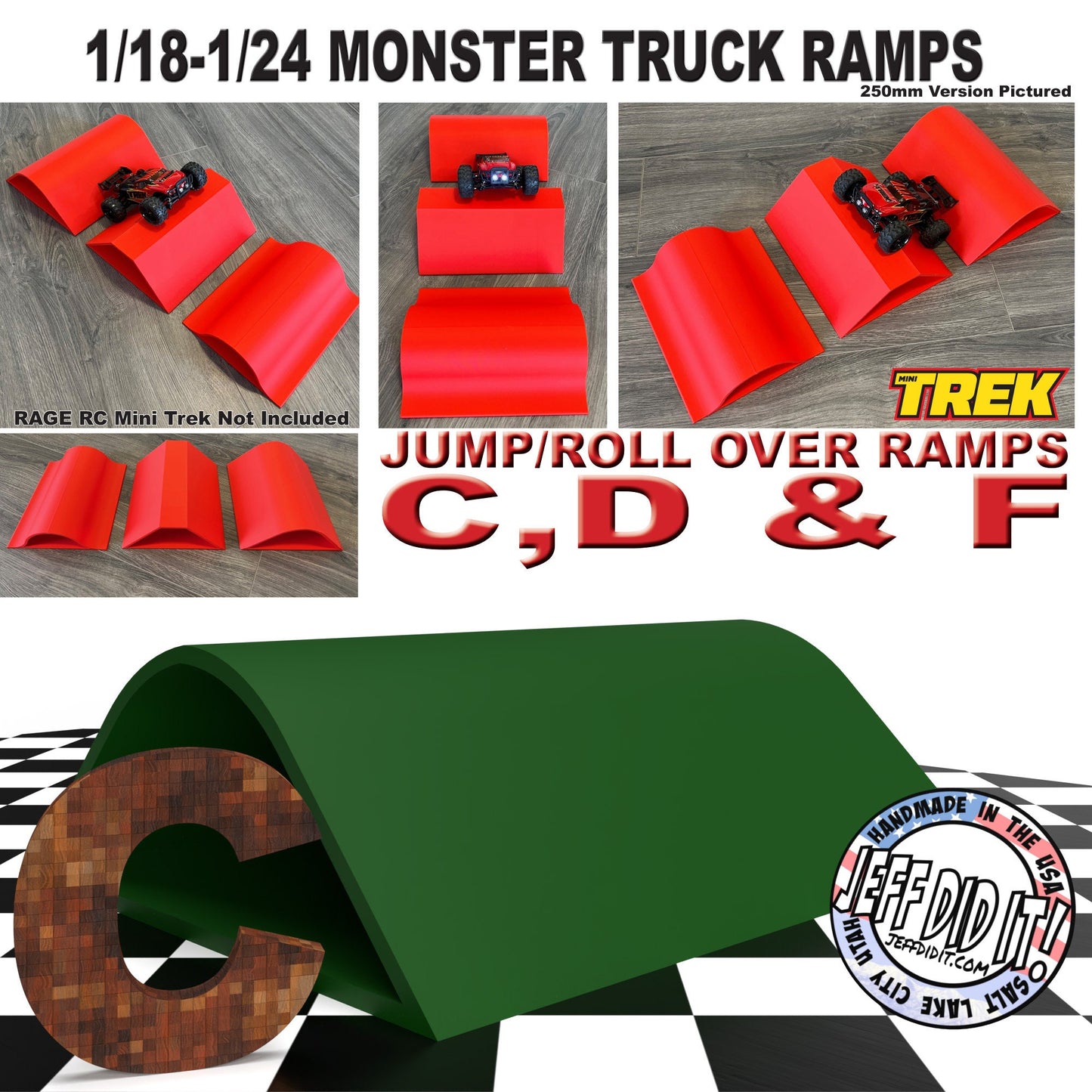 1/24th Monster Truck Jump / Roll Over Ramp Ramp C - WIDE 250mm - Works as Display Stand - Includes Anti Slip Rubber Feet - Lot of Fun!