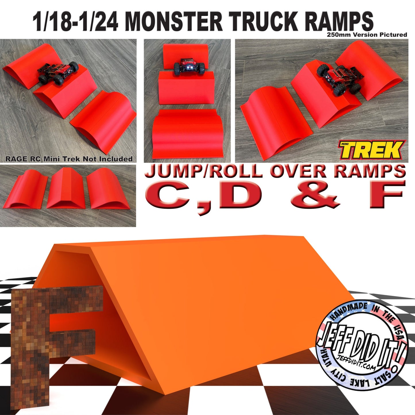 1/24th Monster Truck Ramp Jump / Roll Over F - WIDE 250mm - Works as Display Stand - Includes Anti Slip Rubber Feet - Fun for Hours