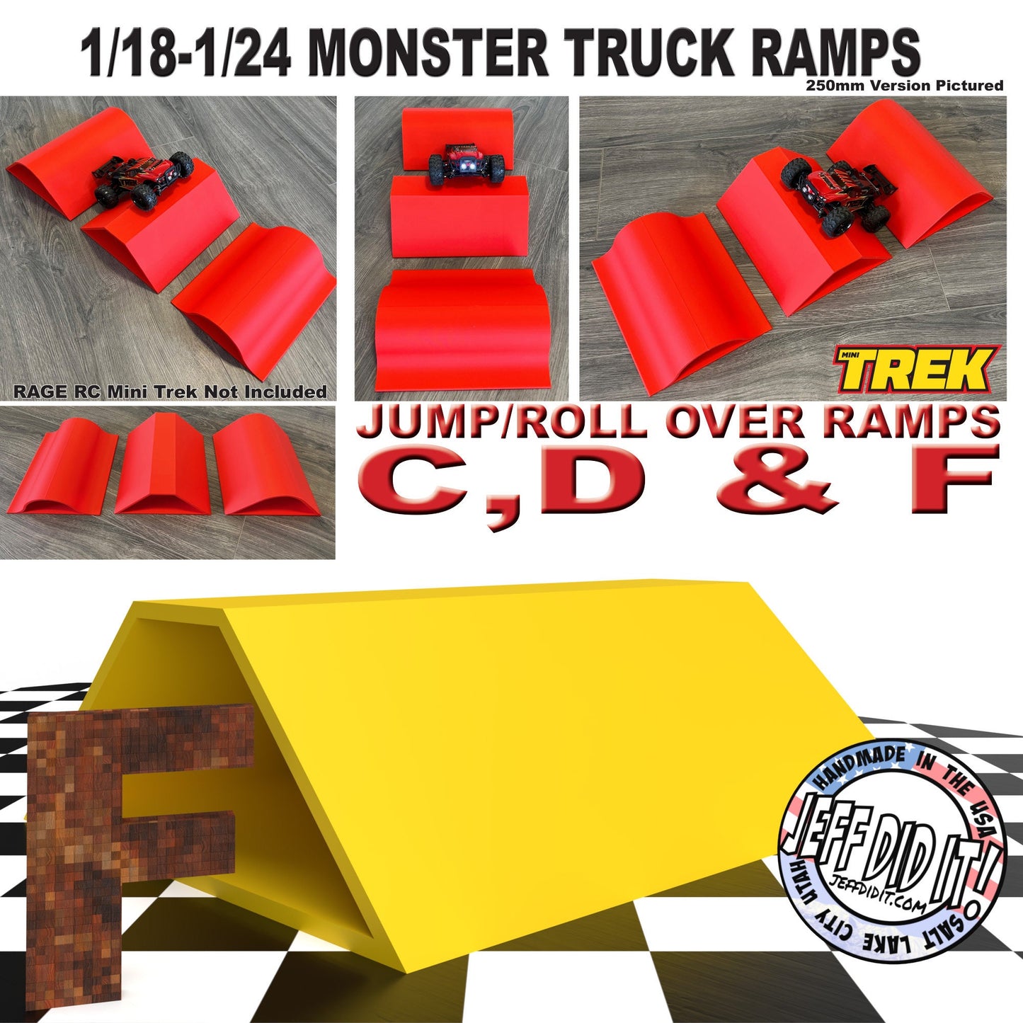 1/24th Monster Truck Ramp Jump / Roll Over F - WIDE 250mm - Works as Display Stand - Includes Anti Slip Rubber Feet - Fun for Hours