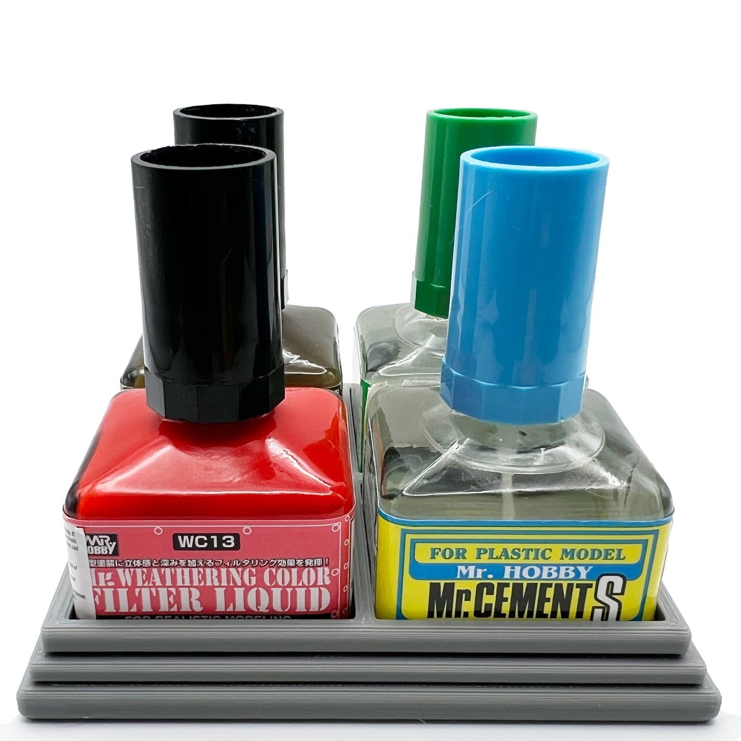 Anti-Tip 3D Printed Mr Hobby Cement Glue Weathering Quad Bottle Holder with Rubber Feet