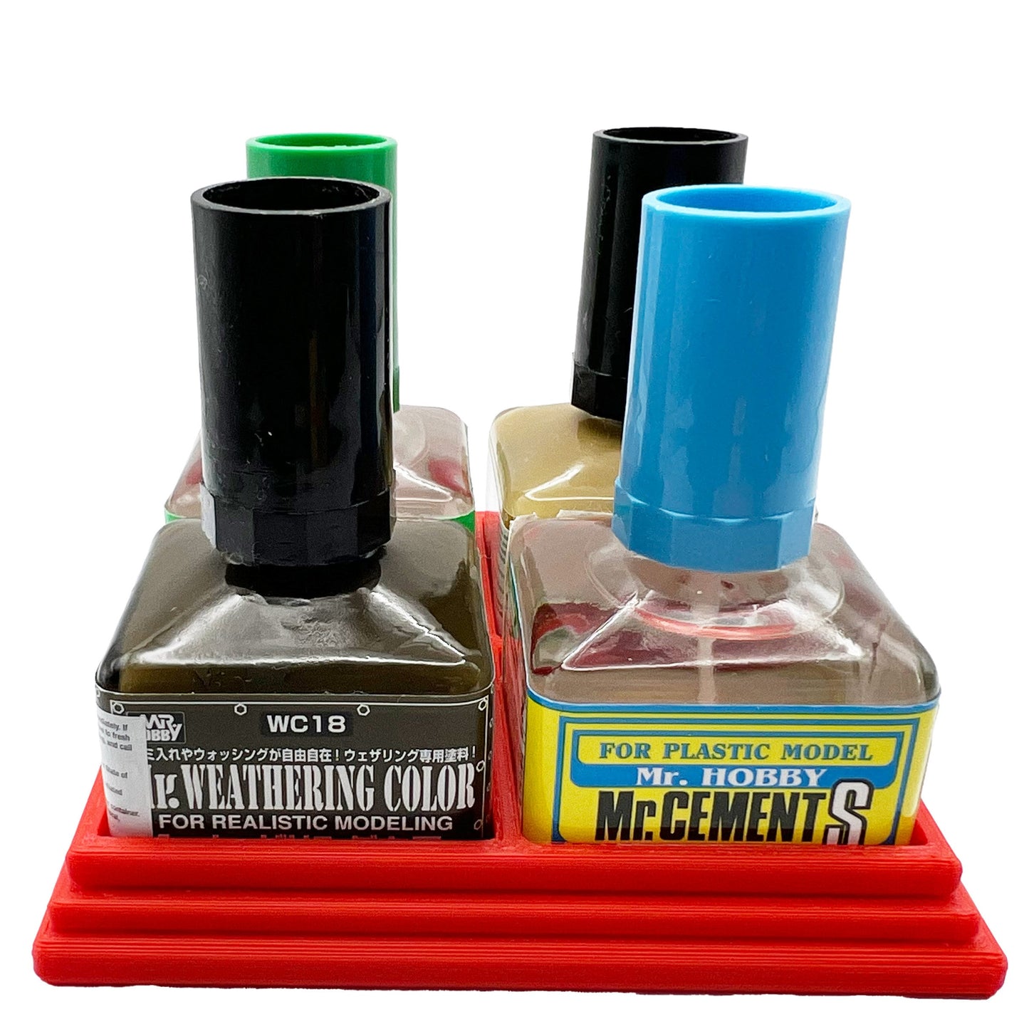 Anti-Tip 3D Printed Mr Hobby Cement Glue Weathering Quad Bottle Holder with Rubber Feet