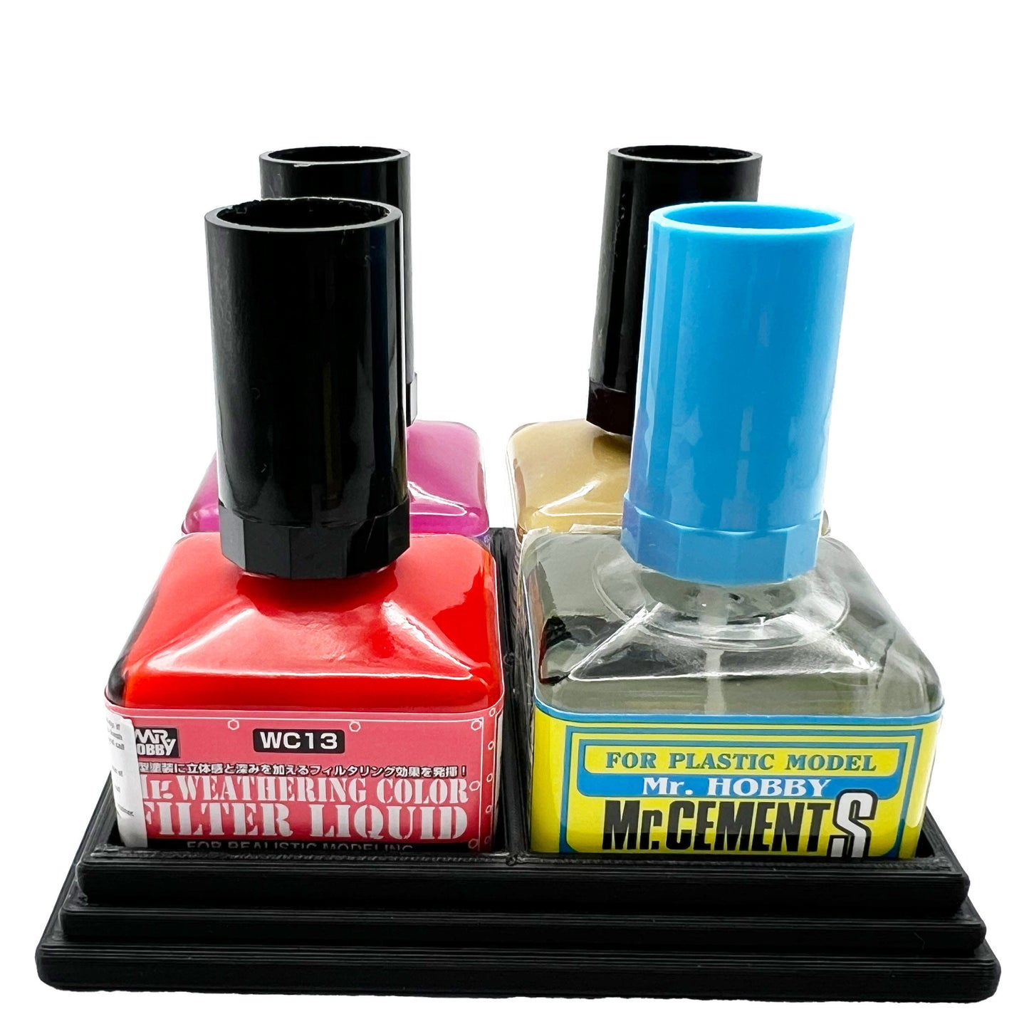 Anti-Tip 3D Printed Mr Hobby Cement Glue Weathering Quad Bottle Holder with Rubber Feet