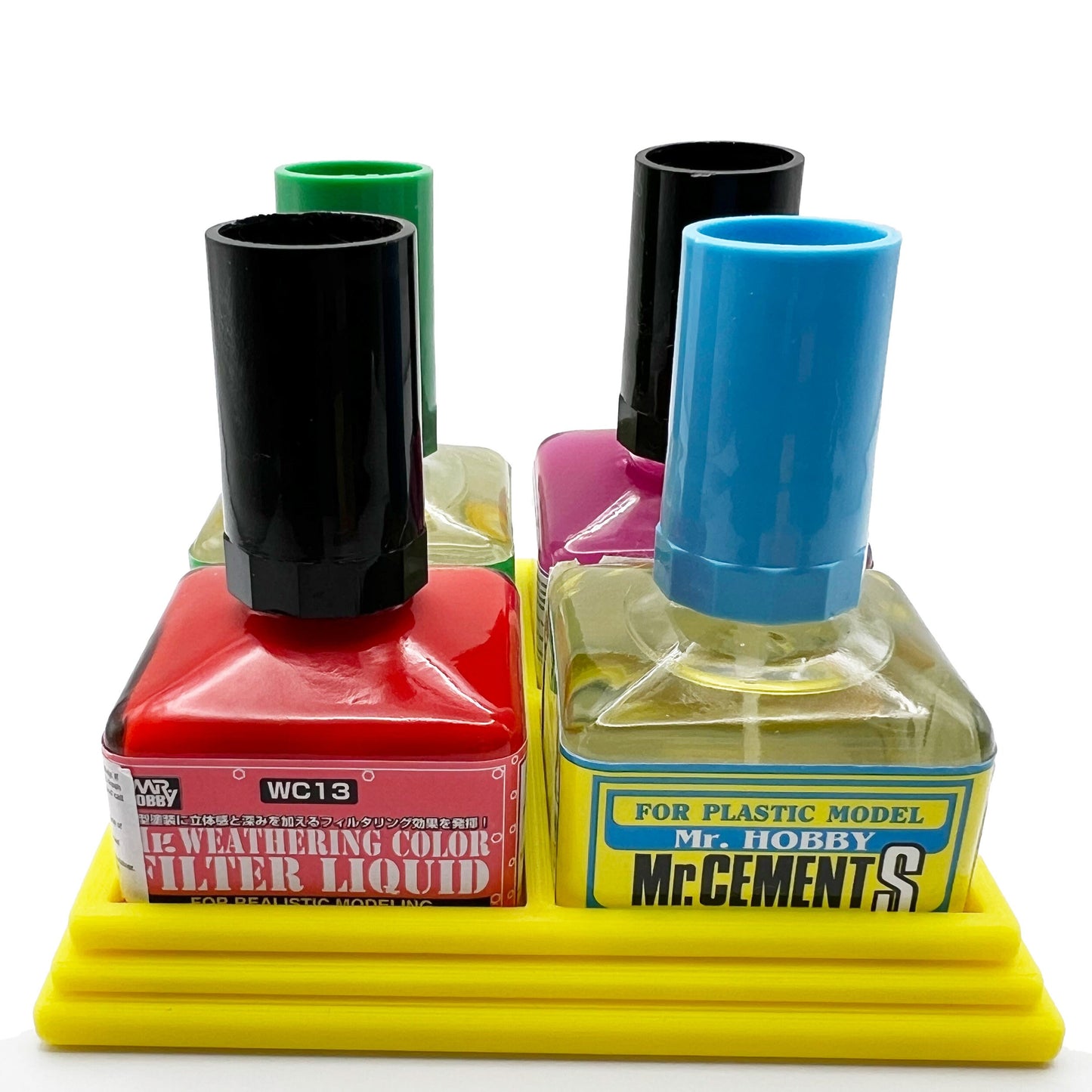 Anti-Tip 3D Printed Mr Hobby Cement Glue Weathering Quad Bottle Holder with Rubber Feet