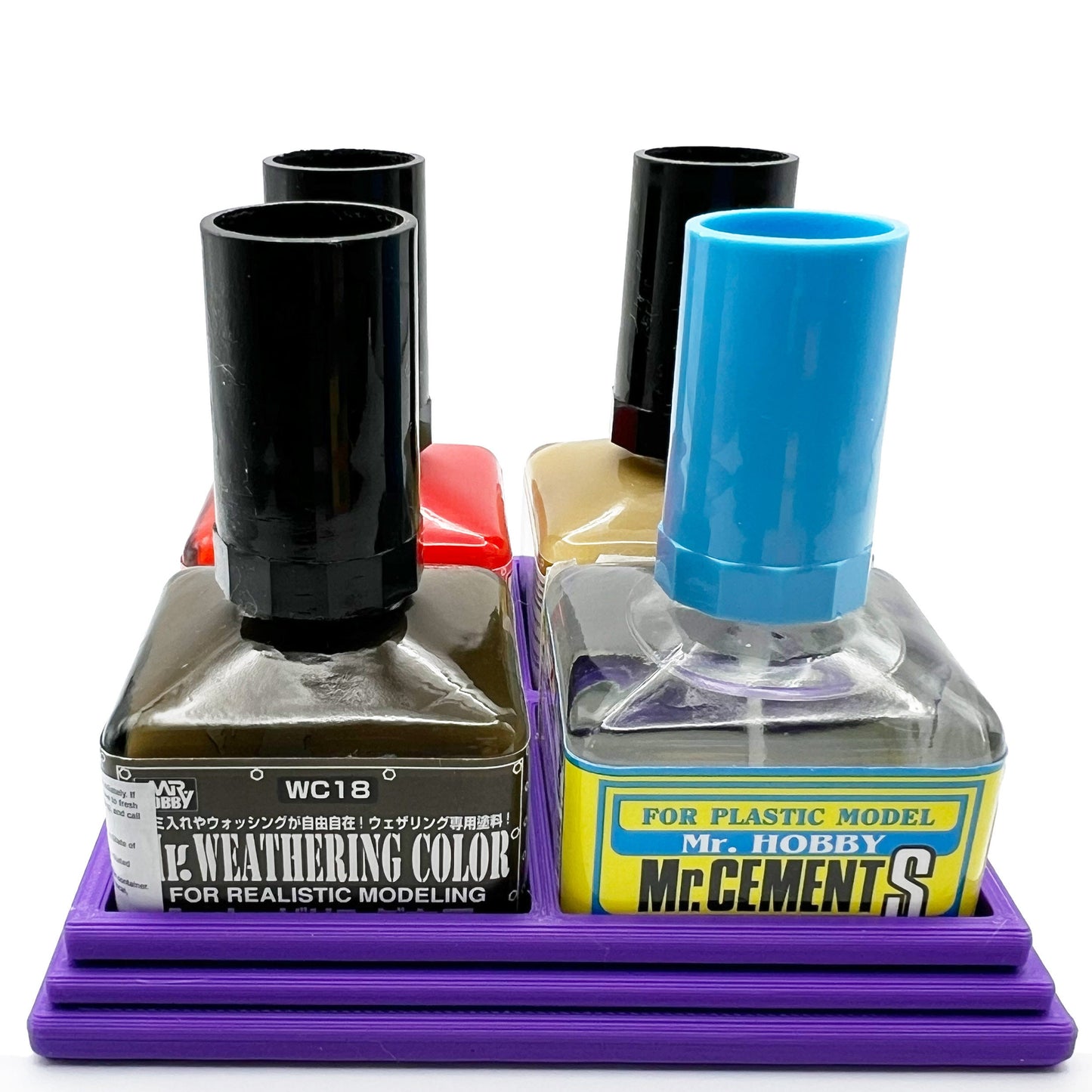 Anti-Tip 3D Printed Mr Hobby Cement Glue Weathering Quad Bottle Holder with Rubber Feet