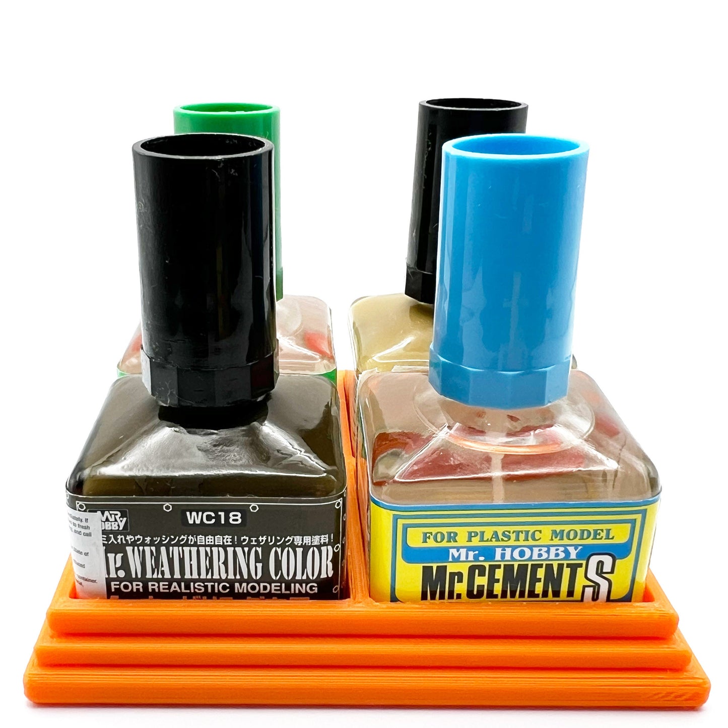 Anti-Tip 3D Printed Mr Hobby Cement Glue Weathering Quad Bottle Holder with Rubber Feet