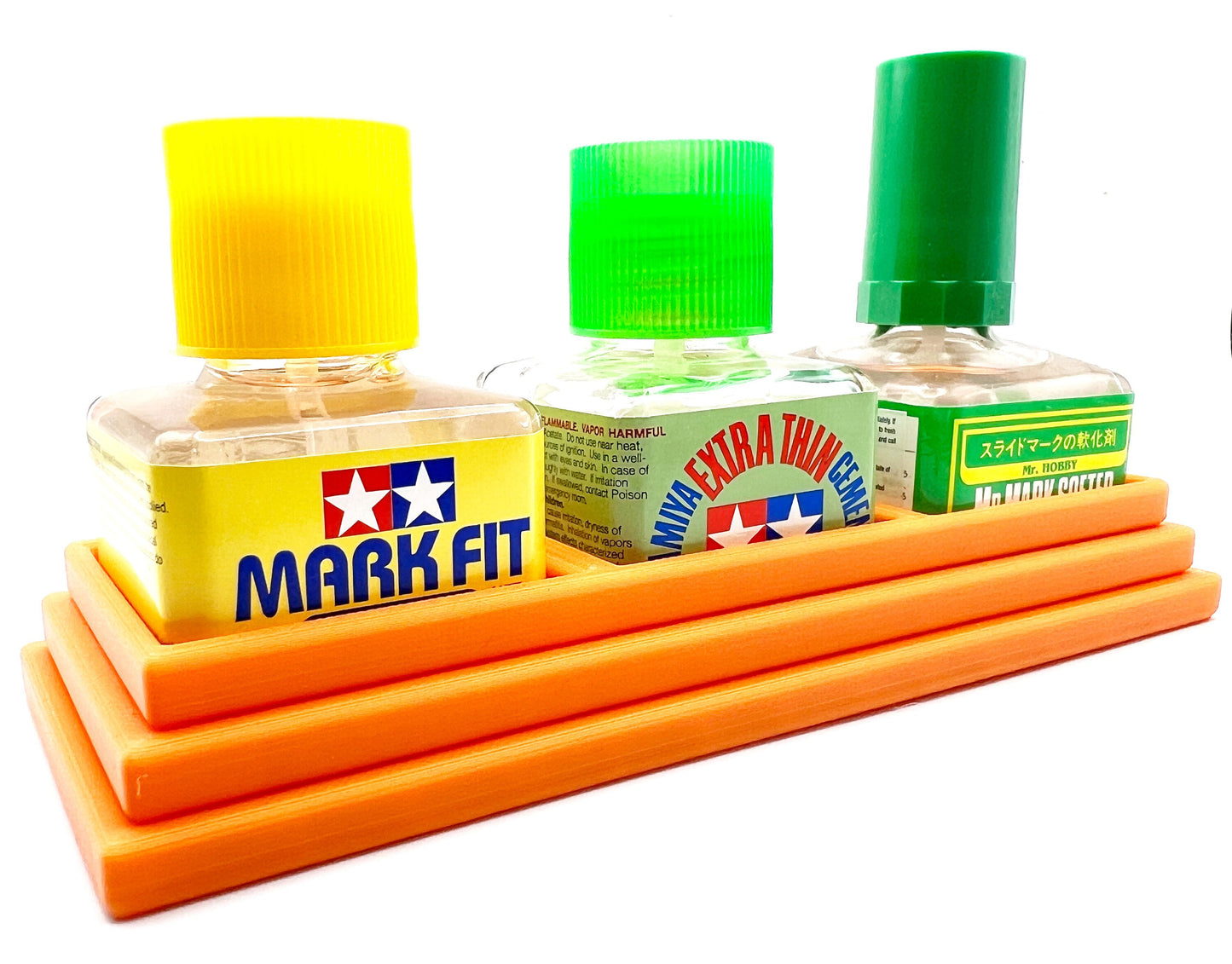 Anti-Tip 3D Printed Triple Tamiya and Mr Hobby Glue Square Bottle Holder with Rubber Feet Tamiya 87038 87182 Mr Cement