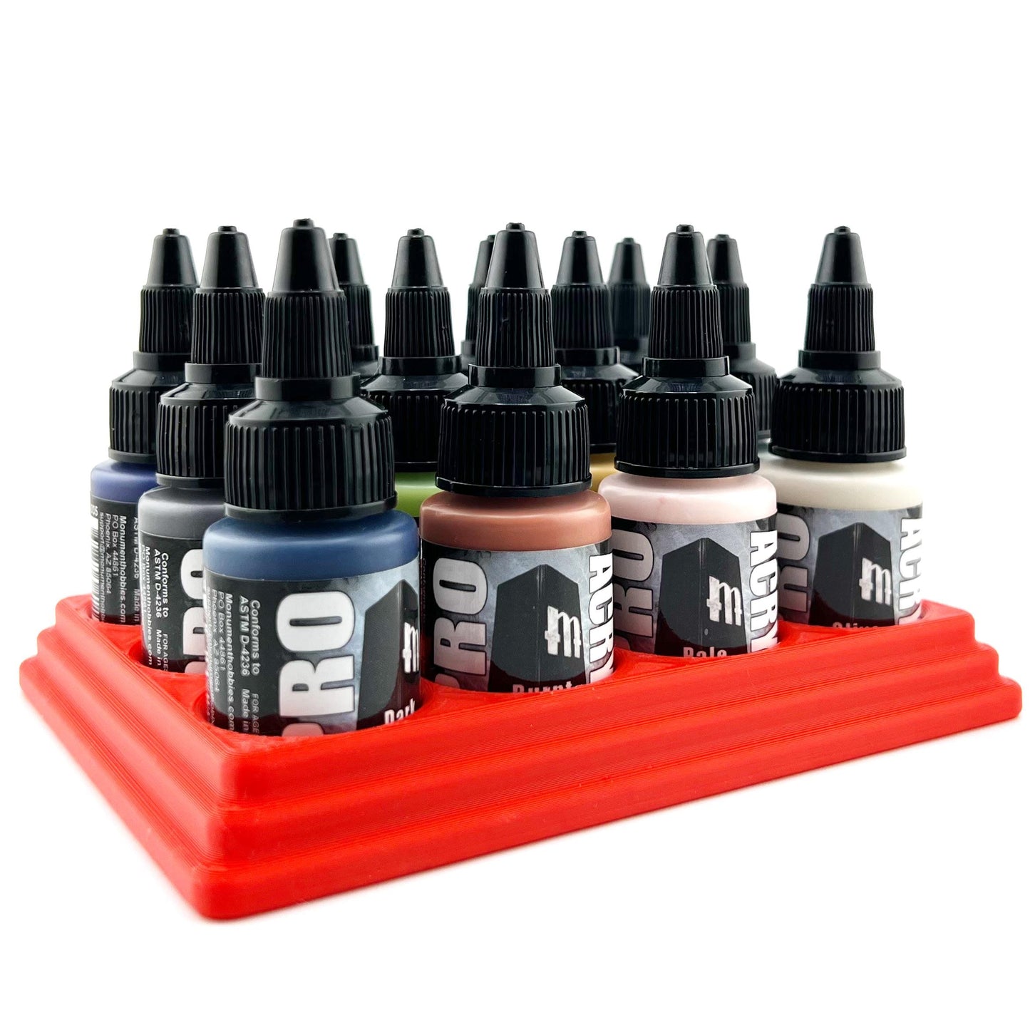 Monument Hobbies 22ml 30mm Paint Bottle Holder / Stand - Holds 12 Monument Hobbies 22ml 30mm Bottles w/ Anti-Slip Rubber Feet - 3D Printed