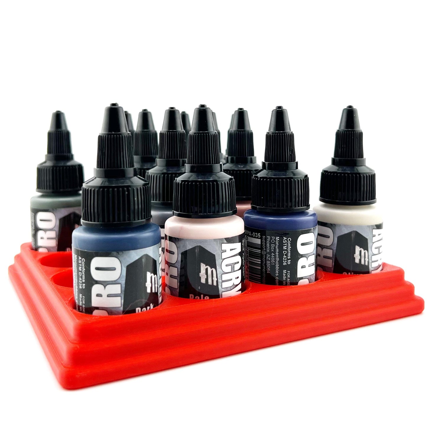 Monument Hobbies 22ml 30mm Paint Bottle Holder / Stand - Holds 16 Monument Hobbies 22ml 30mm Bottles w/ Anti-Slip Rubber Feet - 3D Printed