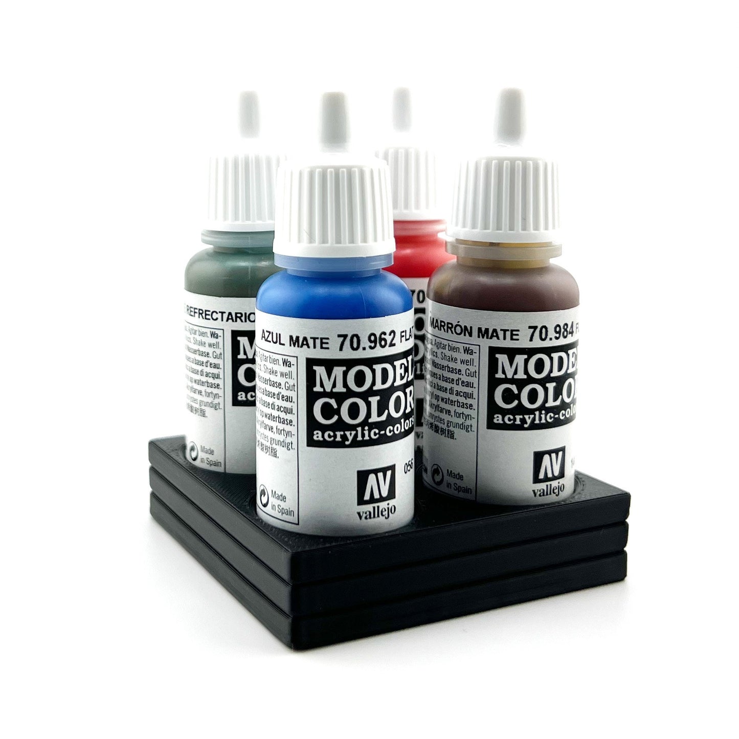 Vallejo 17mm Paint Bottle Holder / Stand - Holds 4 Vallejo 17mm Bottles with Anti-Slip Rubber Feet - 3D Printed
