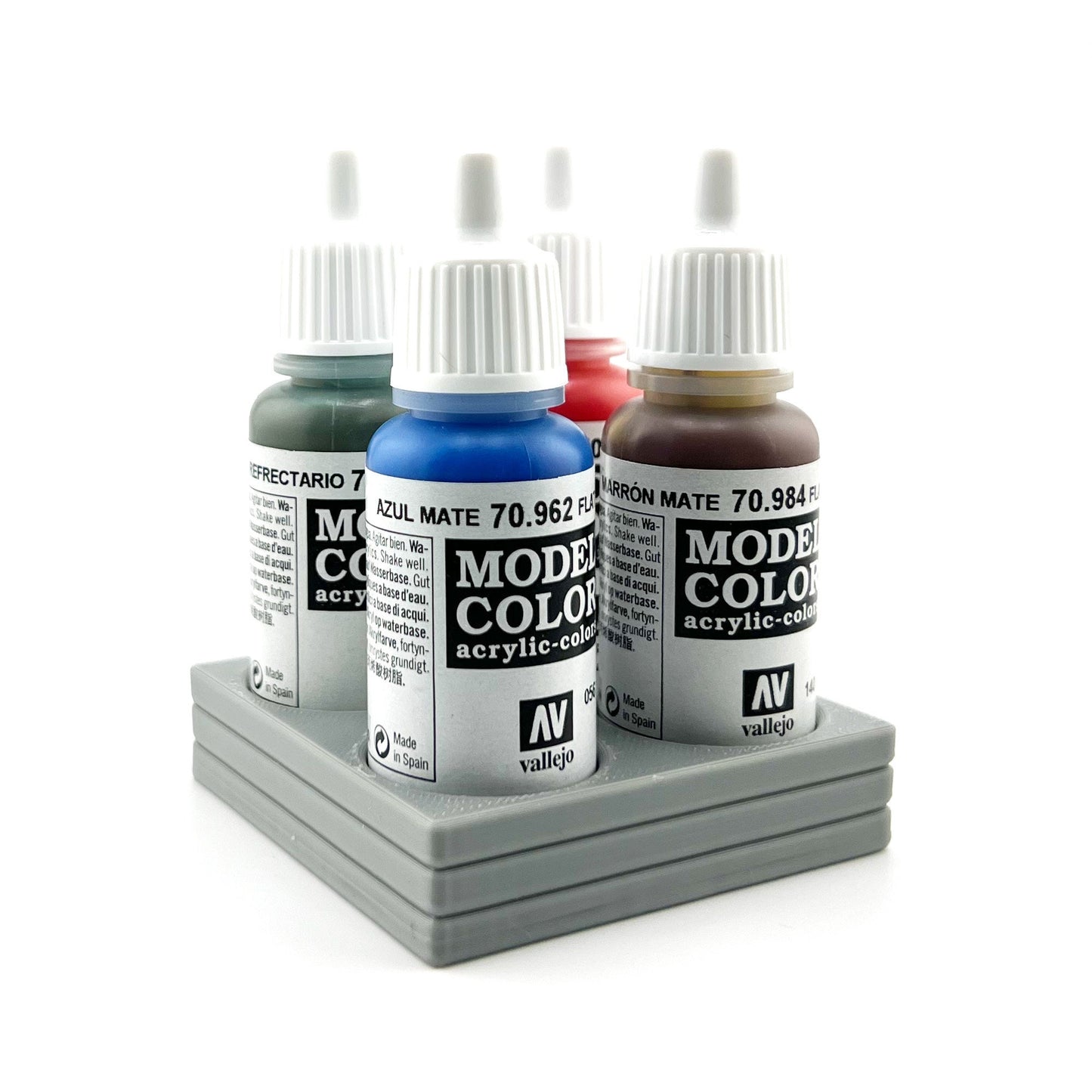 Vallejo 17mm Paint Bottle Holder / Stand - Holds 4 Vallejo 17mm Bottles with Anti-Slip Rubber Feet - 3D Printed
