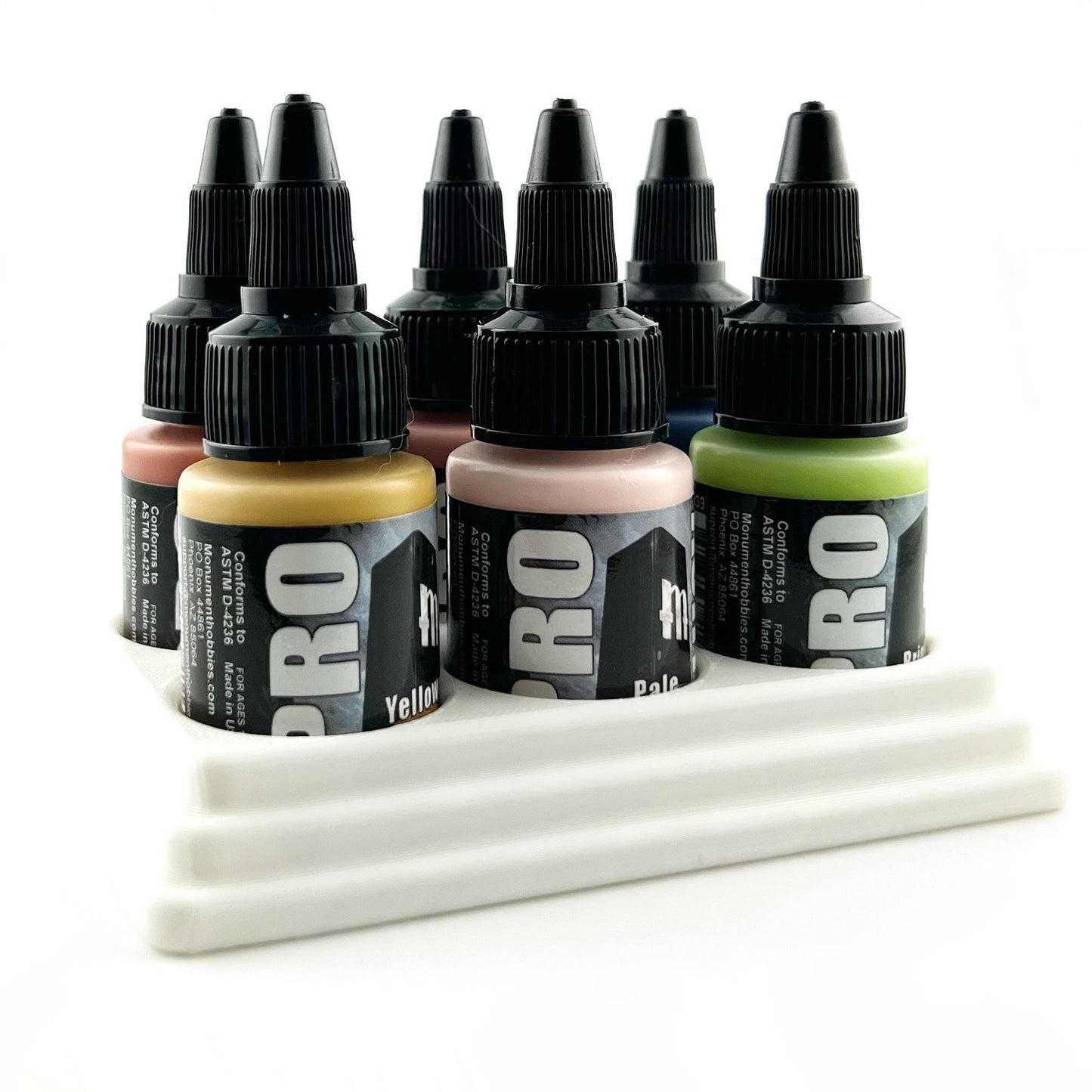 Monument Hobbies 22ml 30mm Paint Bottle Holder / Stand - Holds 6 Monument Hobbies 22ml 30mm Bottles w/ Anti-Slip Rubber Feet - 3D Printed