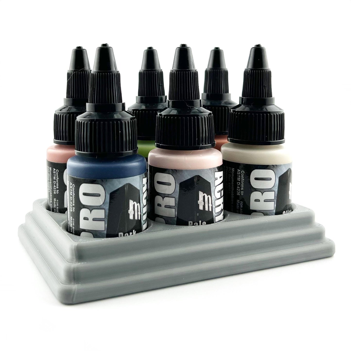 Monument Hobbies 22ml 30mm Paint Bottle Holder / Stand - Holds 6 Monument Hobbies 22ml 30mm Bottles w/ Anti-Slip Rubber Feet - 3D Printed