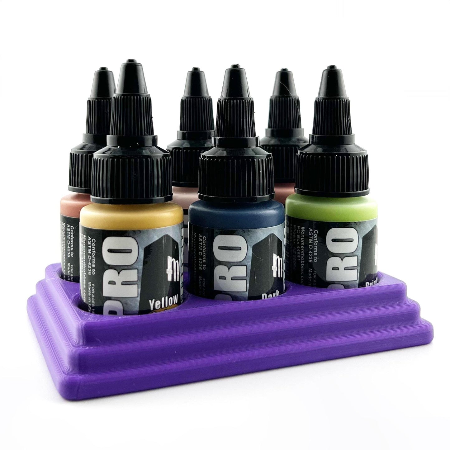 Monument Hobbies 22ml 30mm Paint Bottle Holder / Stand - Holds 6 Monument Hobbies 22ml 30mm Bottles w/ Anti-Slip Rubber Feet - 3D Printed