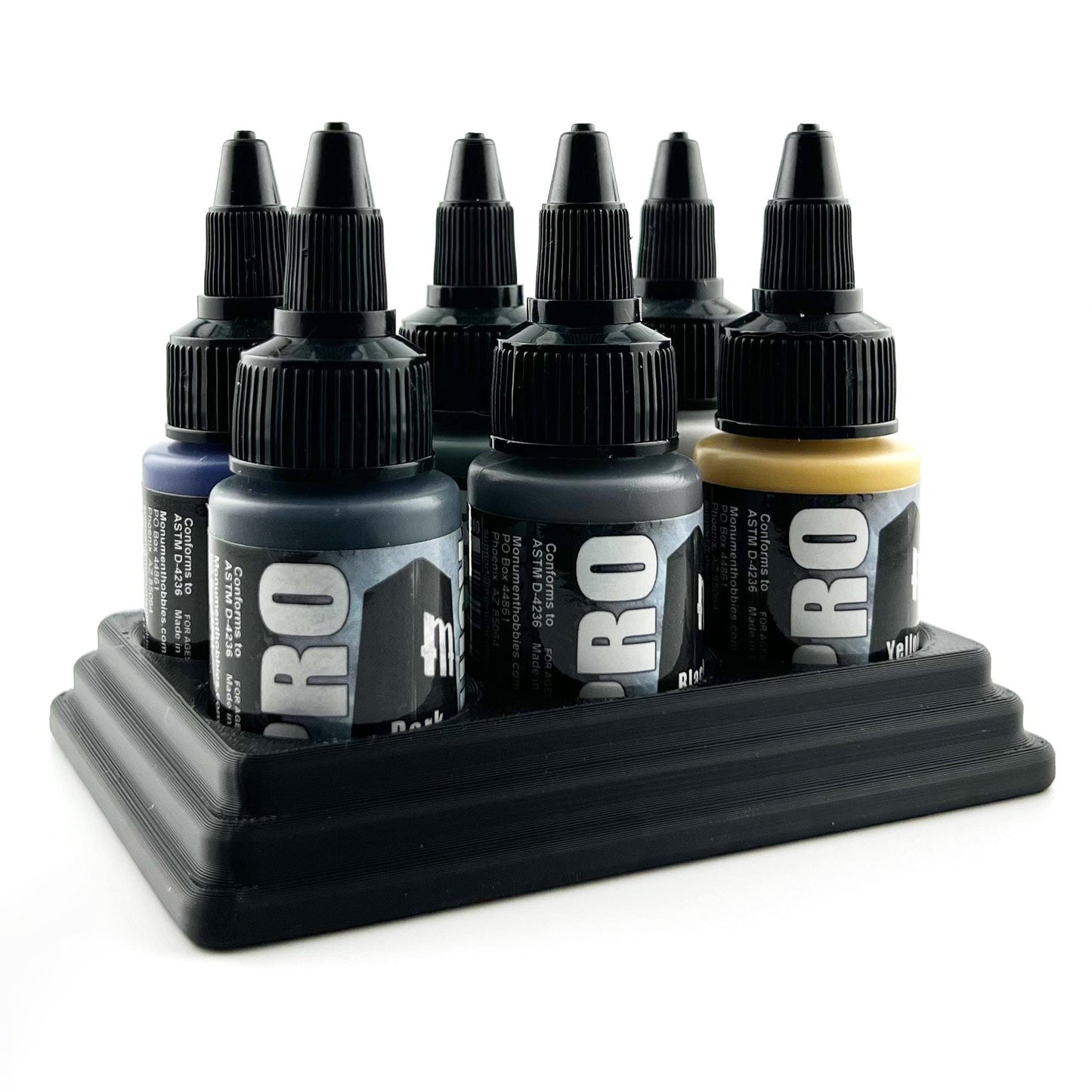 Monument Hobbies 22ml 30mm Paint Bottle Holder / Stand - Holds 6 Monument Hobbies 22ml 30mm Bottles w/ Anti-Slip Rubber Feet - 3D Printed
