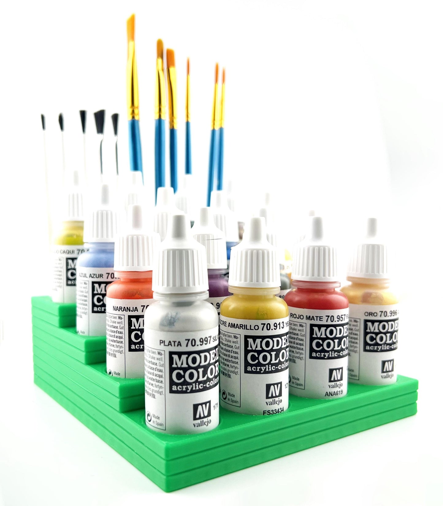 Vallejo 17mm Paint Bottle Holder / Stand Stepped w/ Brush Holder - Holds 16 Vallejo 17mm Bottles with Anti-Slip Rubber Feet - 3D Printed