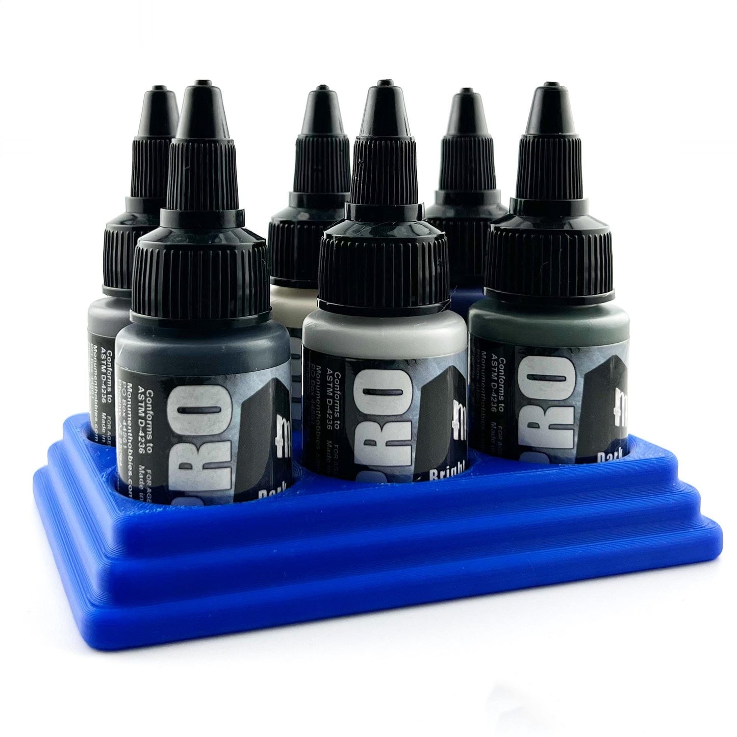 Monument Hobbies 22ml 30mm Paint Bottle Holder / Stand - Holds 6 Monument Hobbies 22ml 30mm Bottles w/ Anti-Slip Rubber Feet - 3D Printed