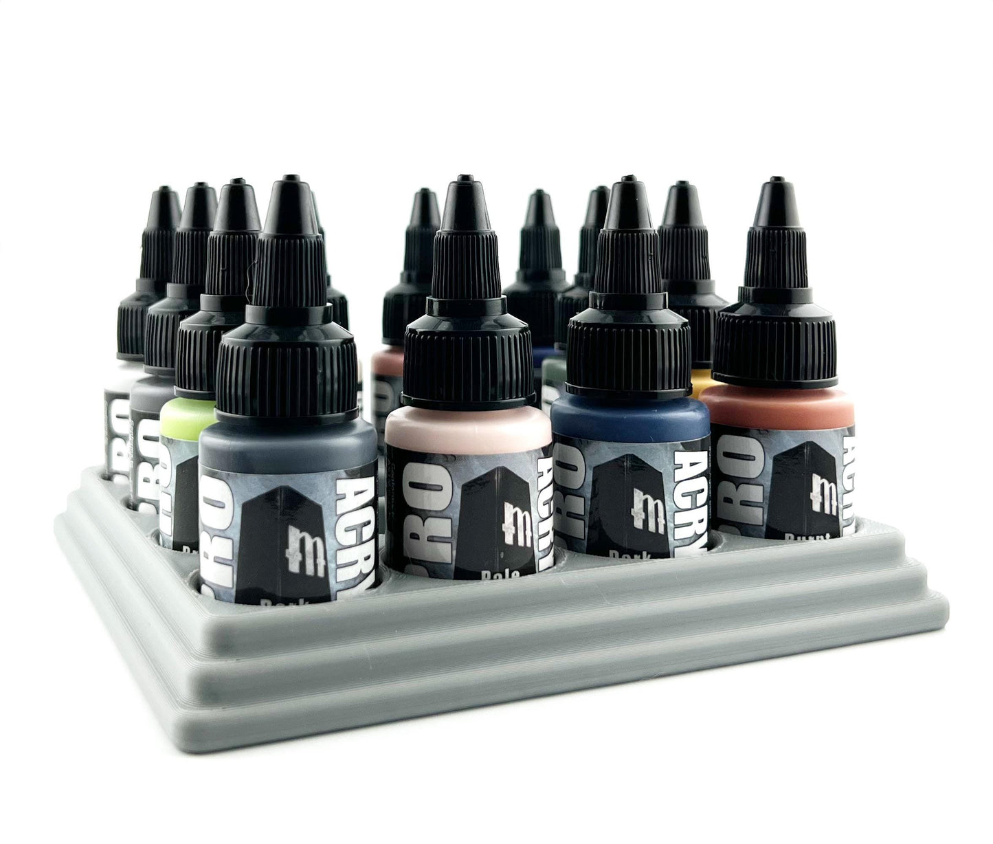 Monument Hobbies 22ml 30mm Paint Bottle Holder / Stand - Holds 16 Monument Hobbies 22ml 30mm Bottles w/ Anti-Slip Rubber Feet - 3D Printed