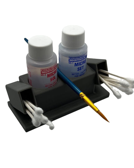 Micro Sol/Set Microscale Anti-Tip / Anti-Slip Bottle Set Holder 1 oz Bottle Micro Series with Rubber Feet, Cotton Swab Holder & Brush Rest
