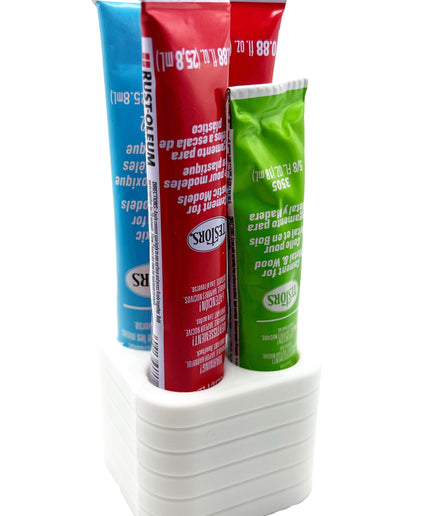 Jeff Did It! - Testors Glue / Putty Holder - Holds 4 Cement, Glue, Putty, etc - Anti-Slip Rubber Feet - 3D Printed - Made in the USA