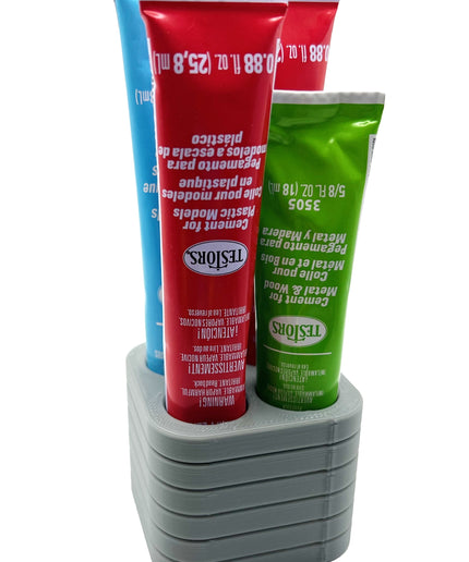 Jeff Did It! - Testors Glue / Putty Holder - Holds 4 Cement, Glue, Putty, etc - Anti-Slip Rubber Feet - 3D Printed - Made in the USA